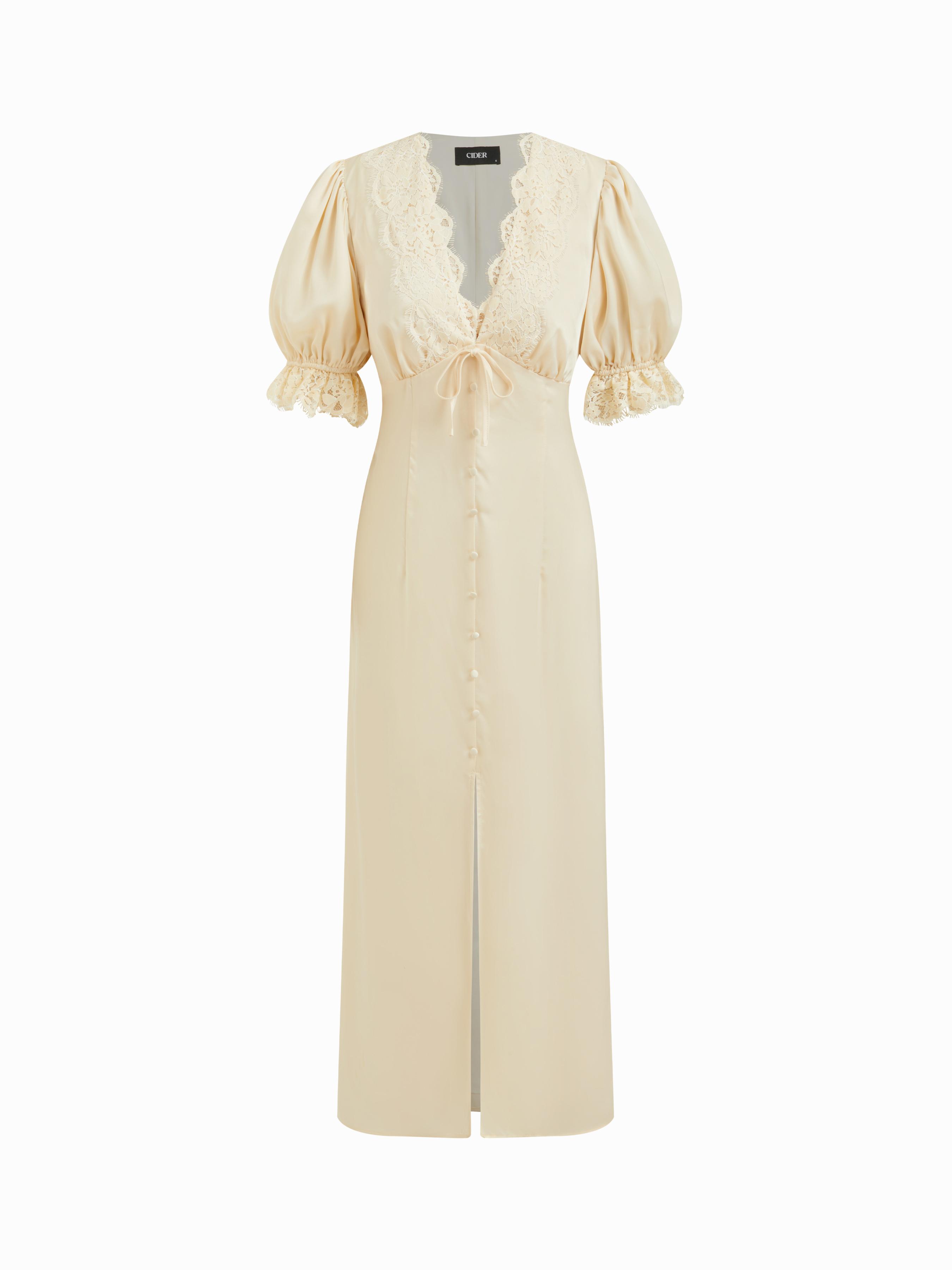 Satin V-neck Lace Trim Tie Front Puff Sleeve Maxi Dress by CIDER