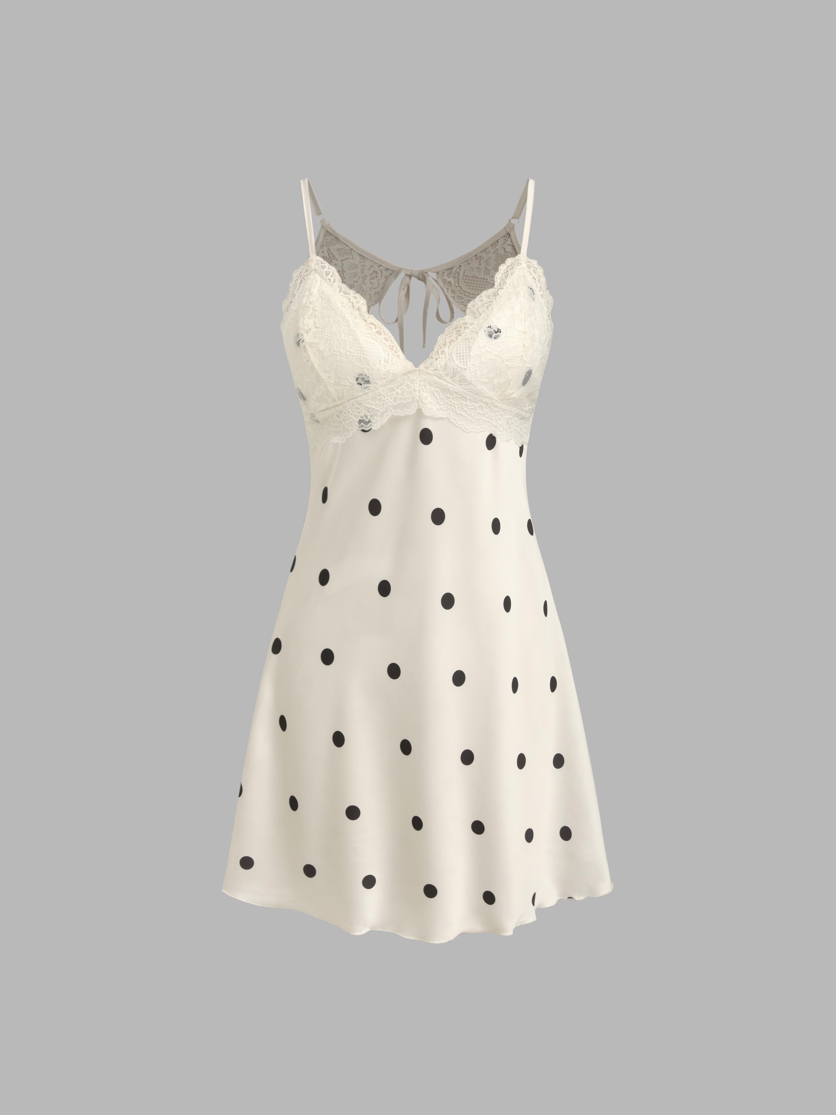 Satin V-neck Polka Dot Lace Trim Knotted Backless Mini Nightdress by CIDER Satin V-neck Polka Dot Lace Trim Knotted Backless Mini Nightdress by CIDER