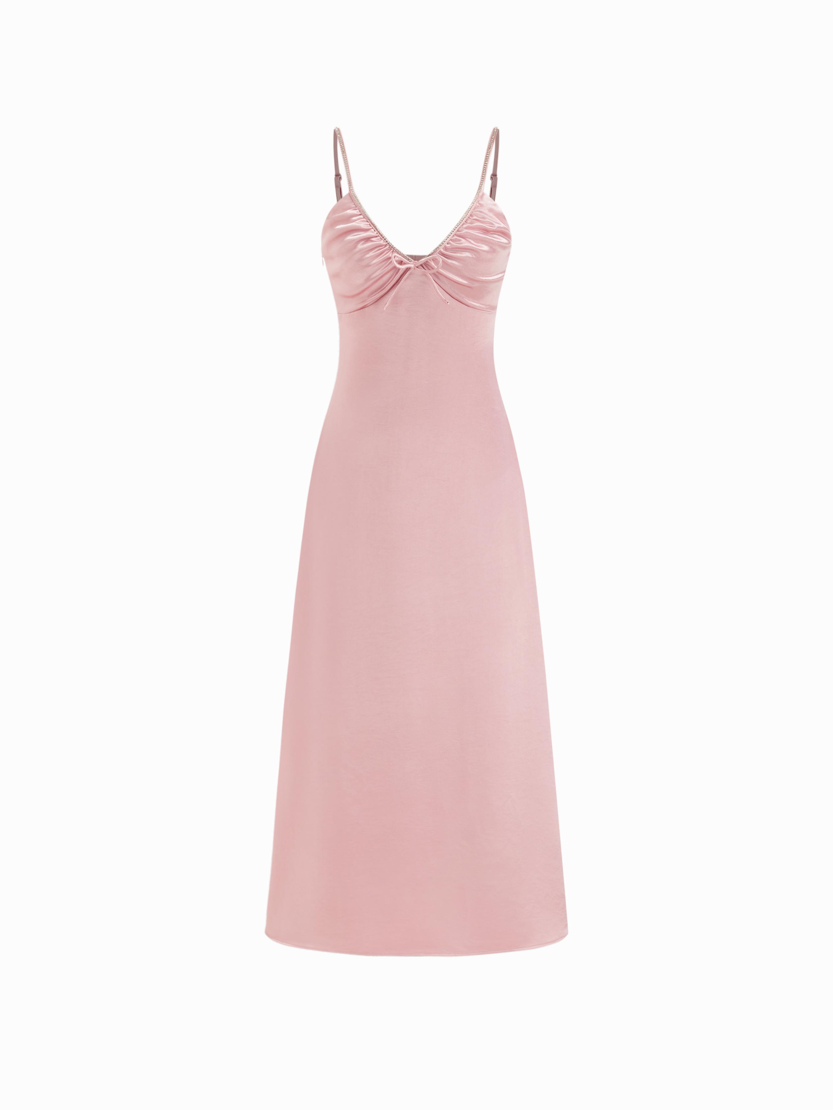 Satin V-neck Rhinestone Ruched Bowknot Maxi Slip Dress by CIDER