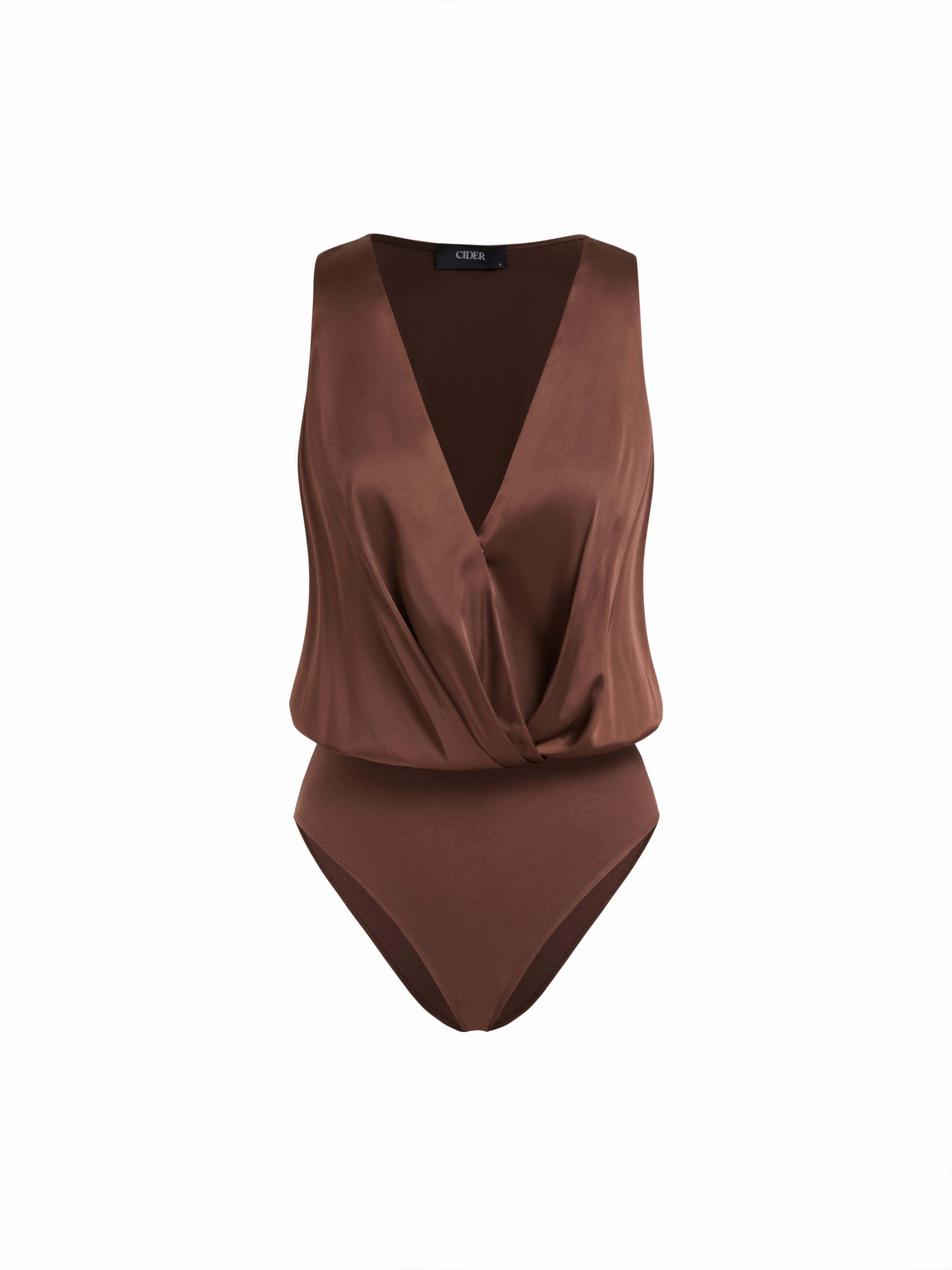 Satin V-neck Ruched Bodysuit by CIDER
