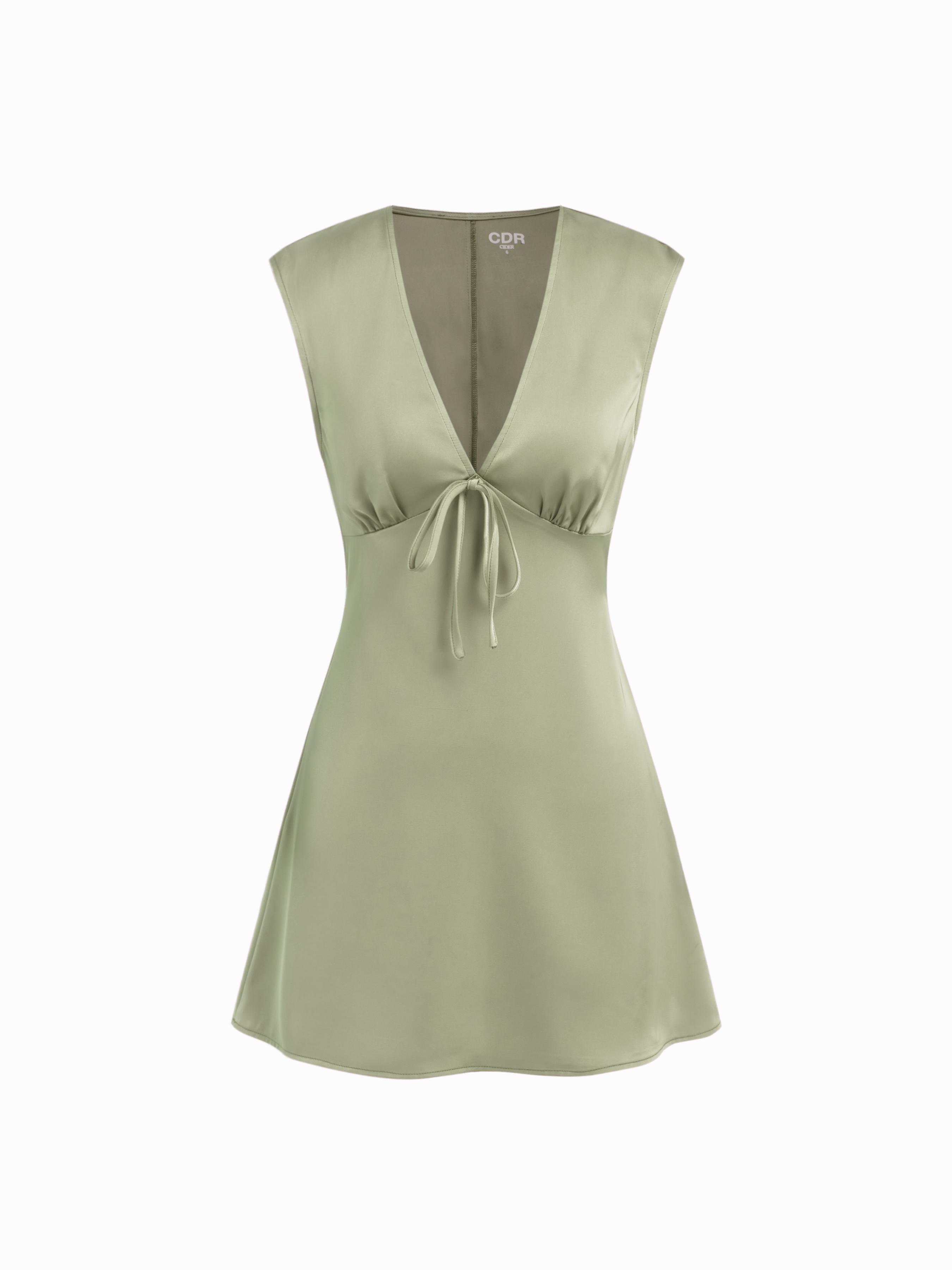 Satin V-neck Ruched Knotted Tie Back Mini Dress by CIDER