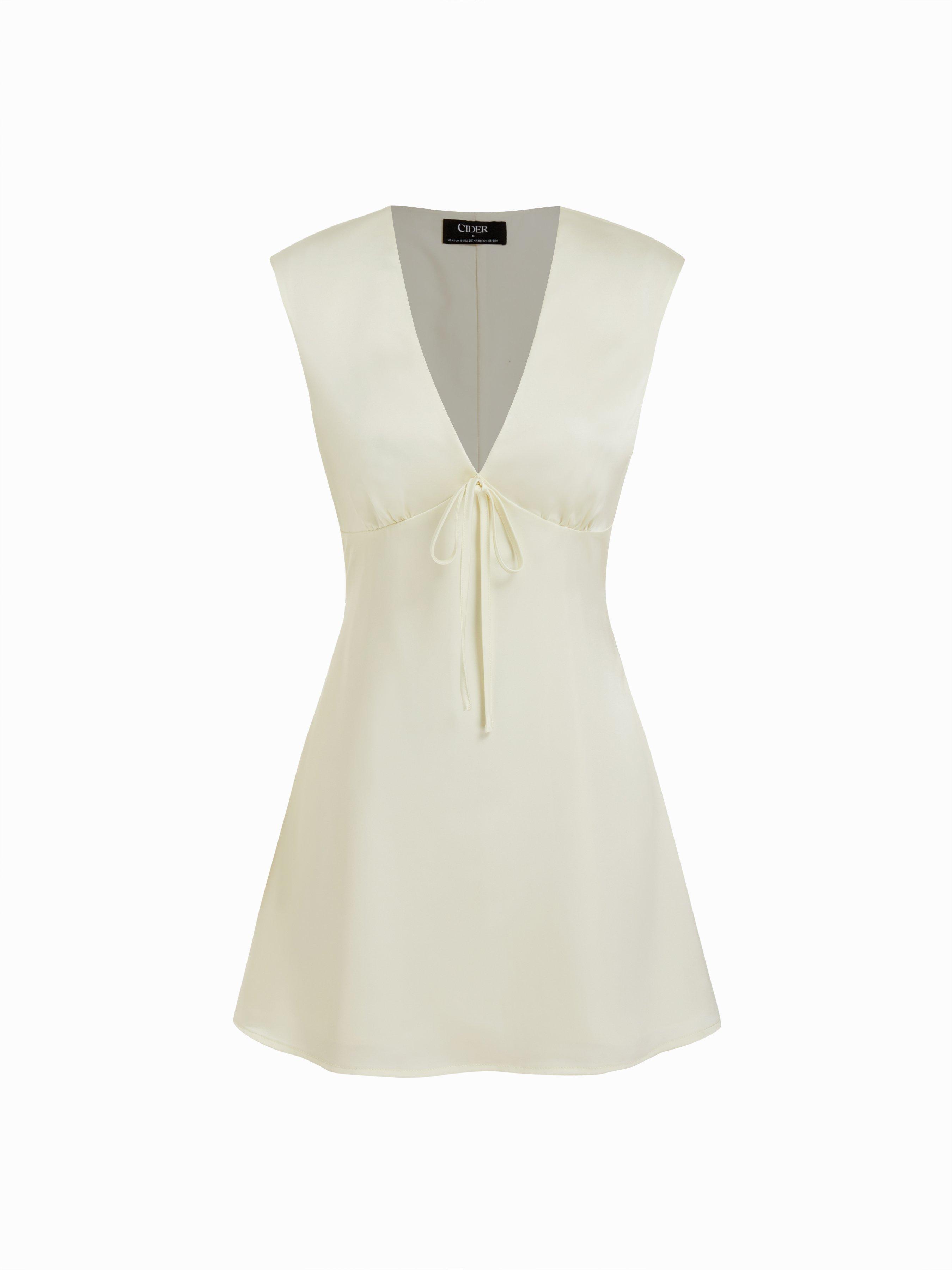 Satin V-neck Ruched Knotted Tie Back Mini Dress by CIDER