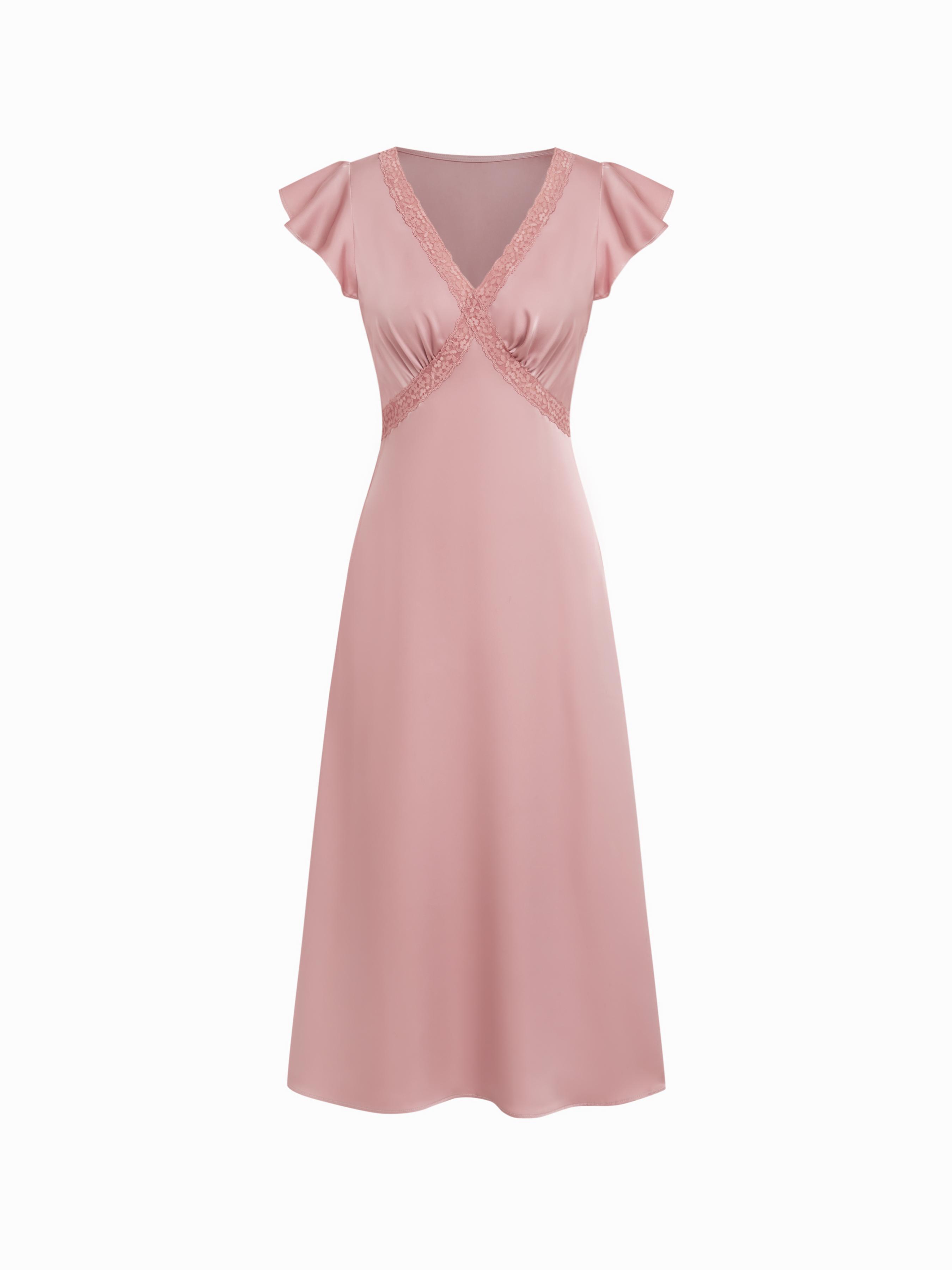 Satin V-neck Ruffle Sleeve Lace Panel Slip Maxi Dress by CIDER Satin V-neck Ruffle Sleeve Lace Panel Slip Maxi Dress by CIDER