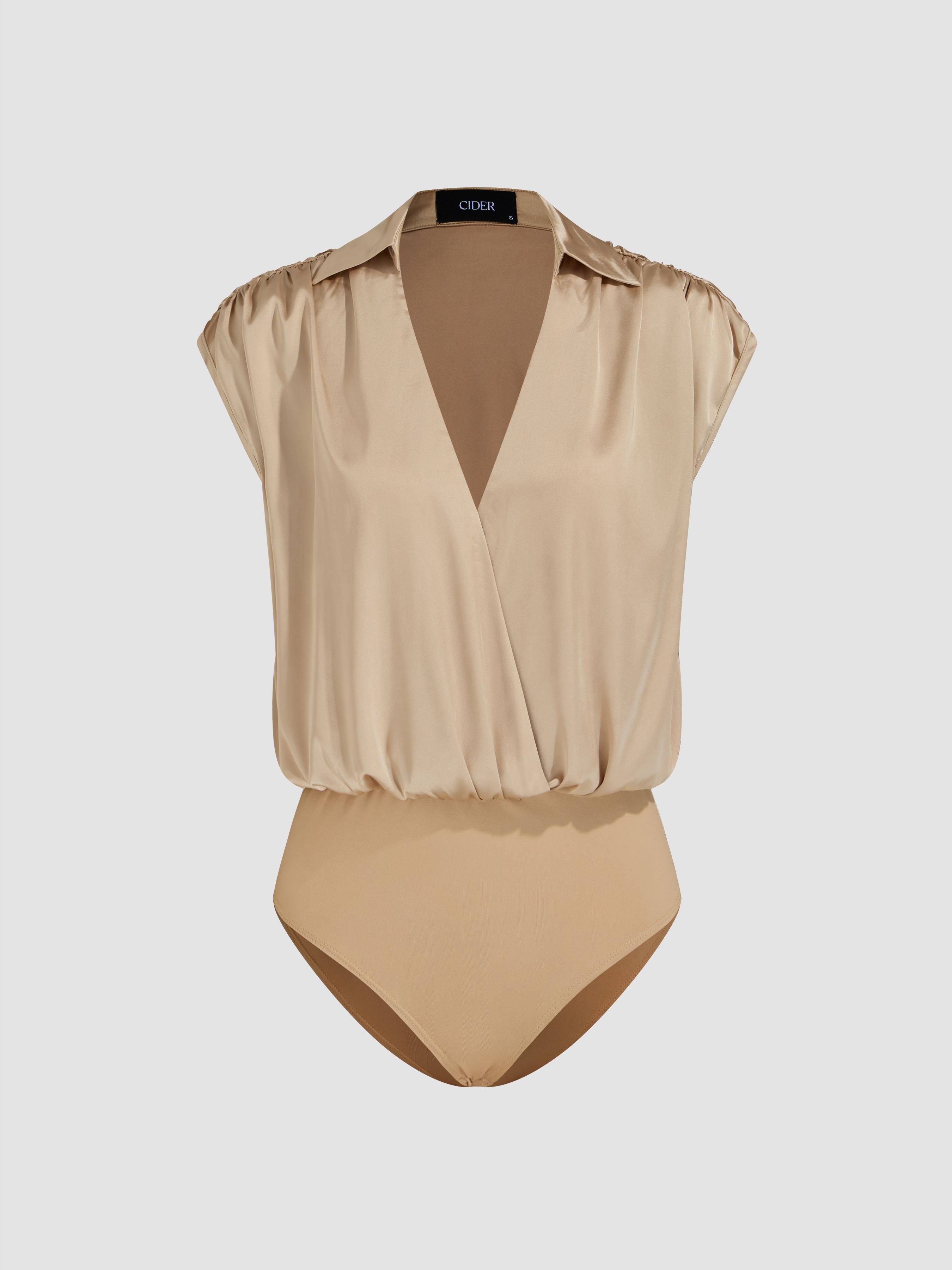 Satin V-neck Solid Ruched Sleeveless Shirt Bodysuit by CIDER