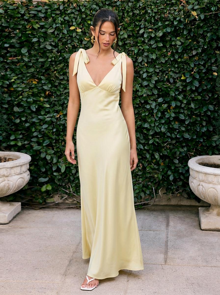 Satin V-neck Twist Knotted Flared Maxi Dress by CIDER