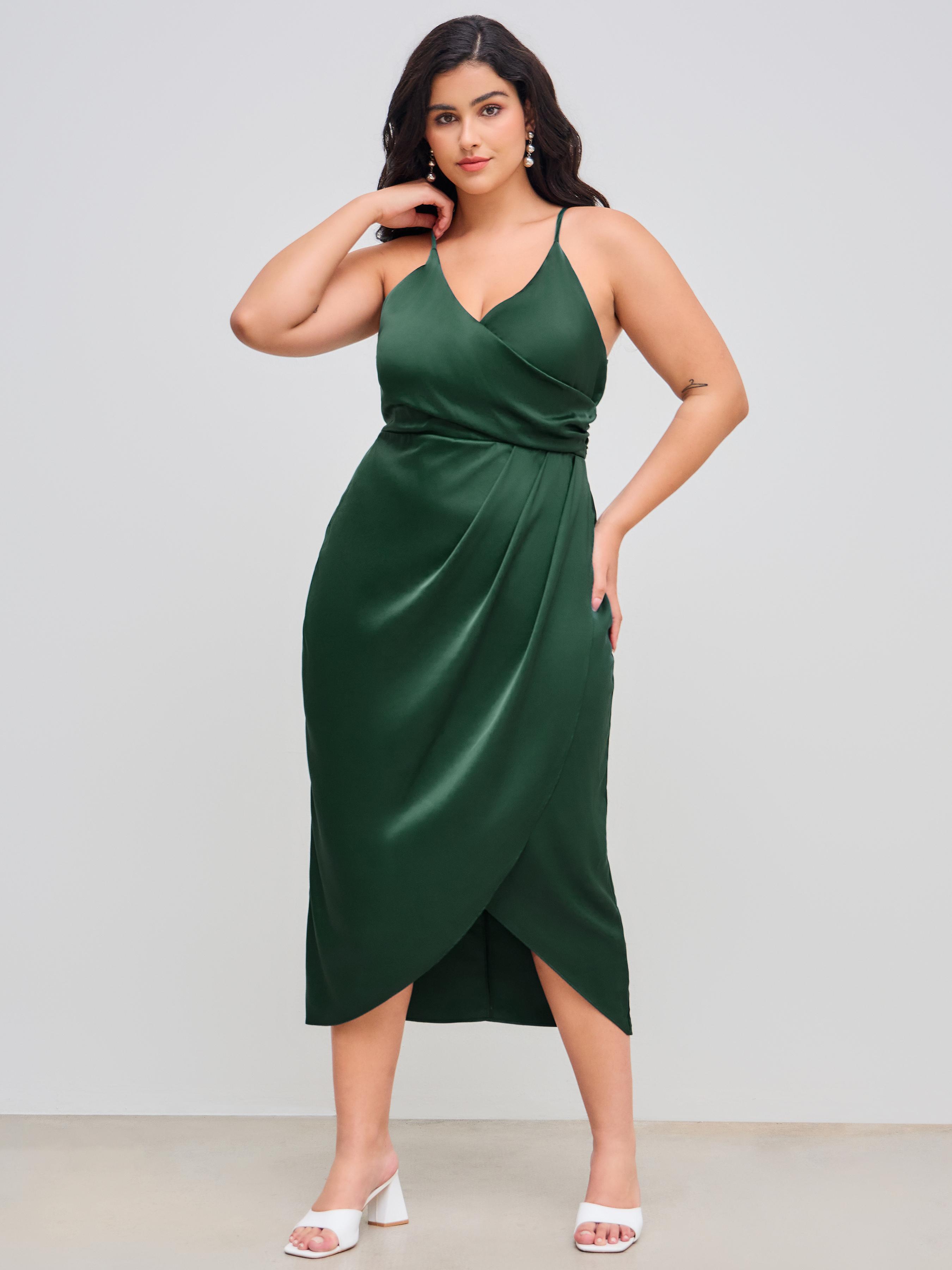 Satin V-neck Wrap Knotted Midi Dress Curve & Plus by CIDER