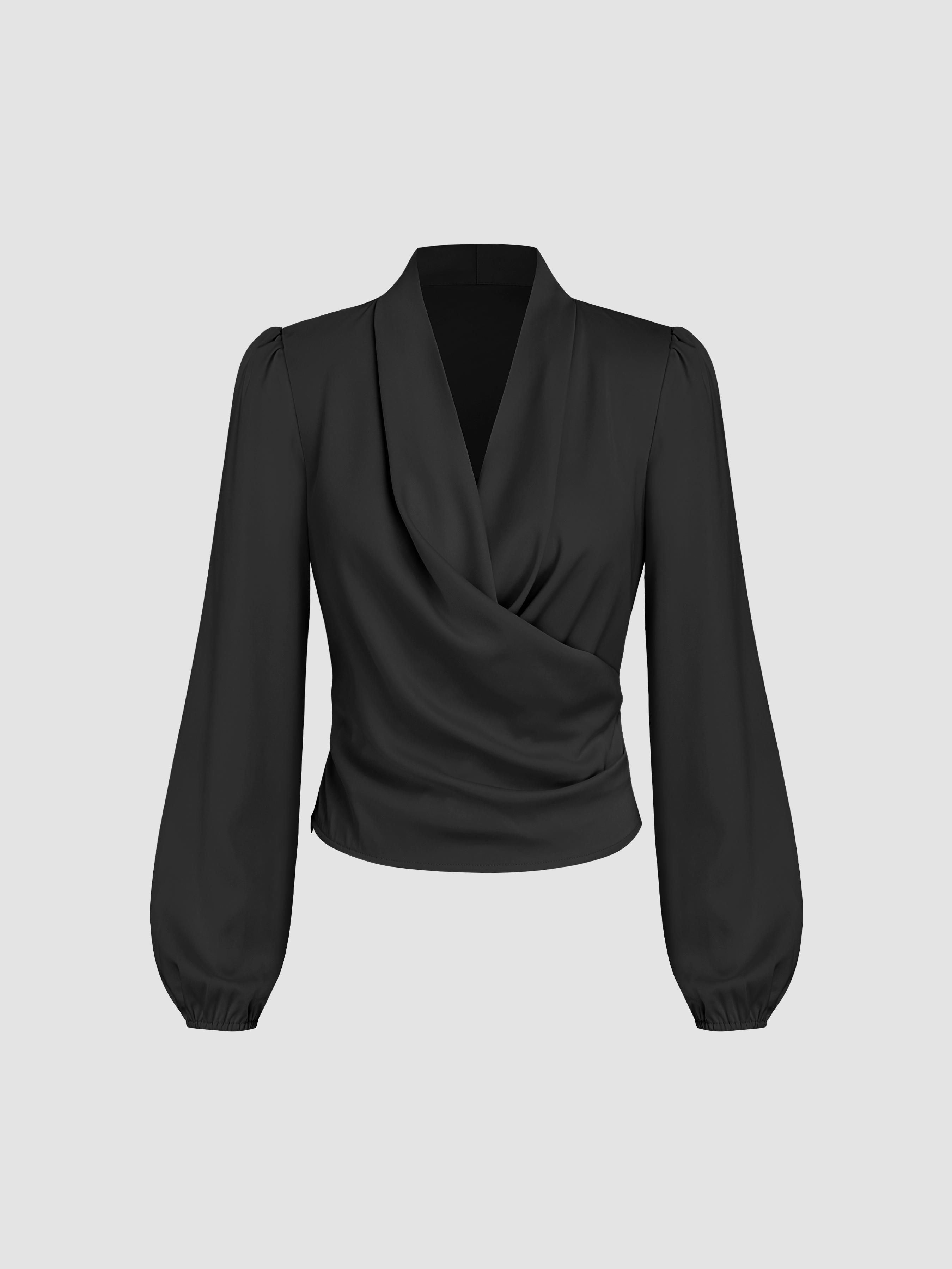 Satin V-neck Wrap Zip Long Sleeve Blouse by CIDER