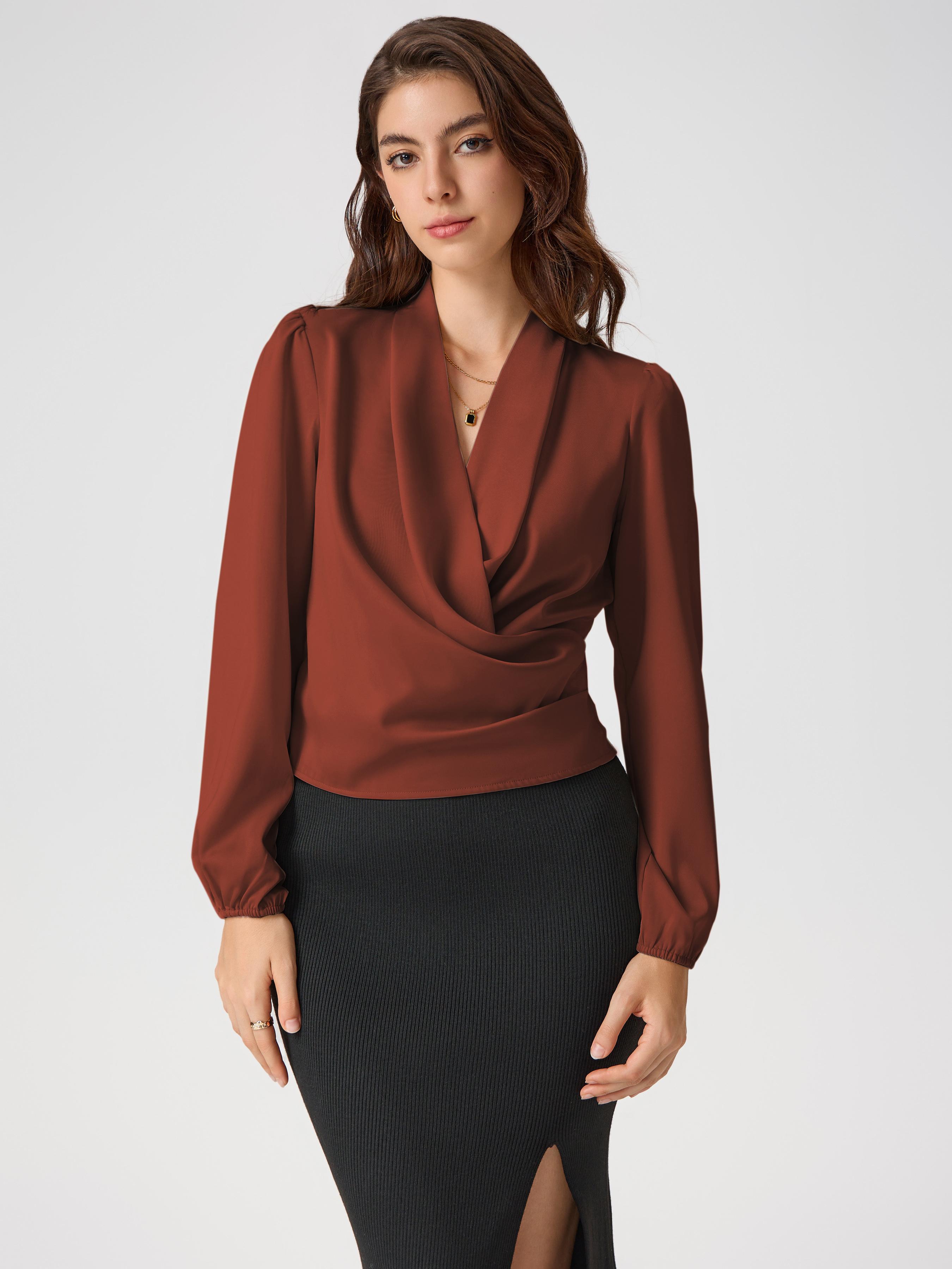 Satin V-neck Wrap Zip Long Sleeve Blouse by CIDER