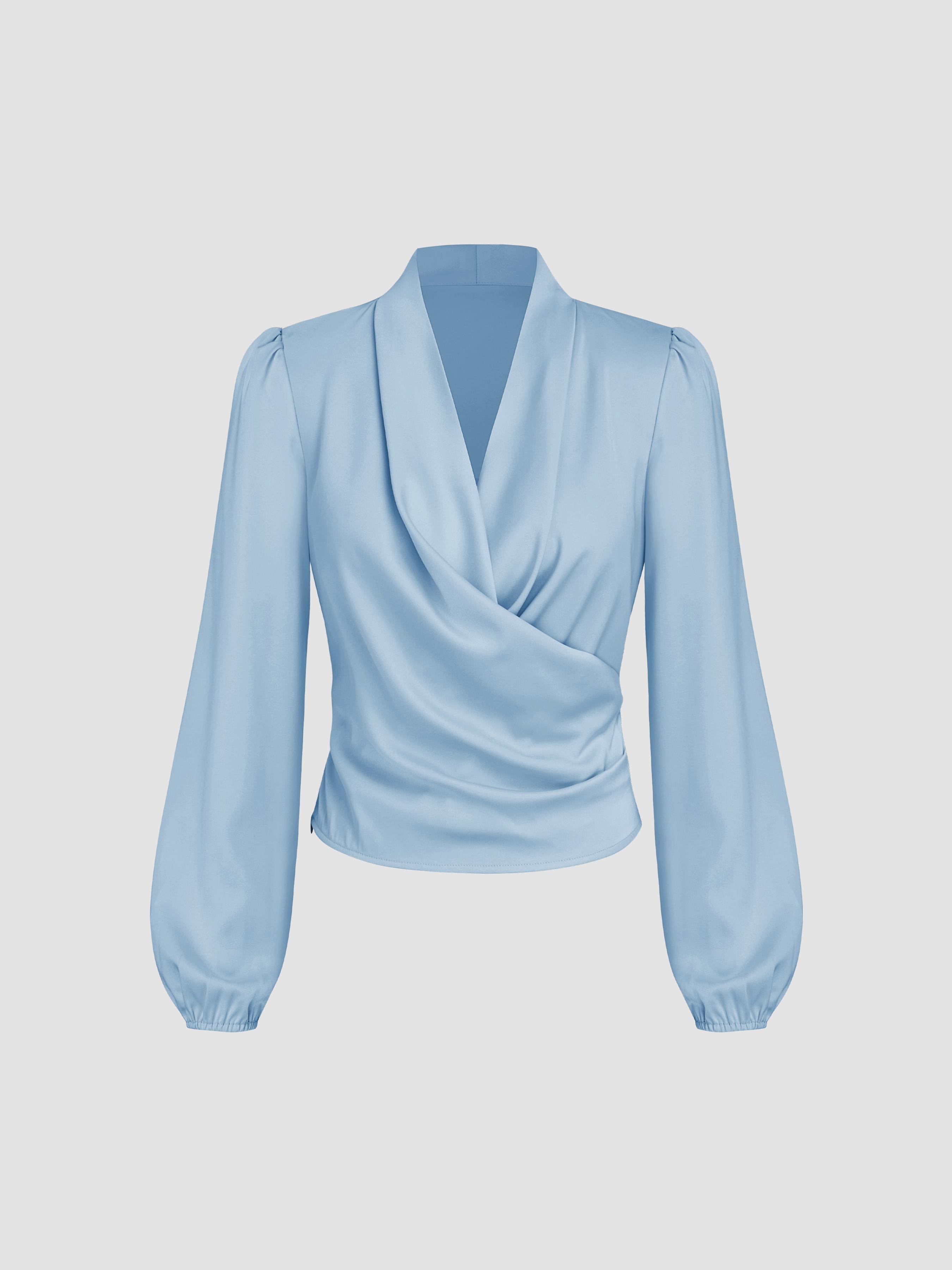 Satin V-neck Wrap Zip Long Sleeve Blouse by CIDER