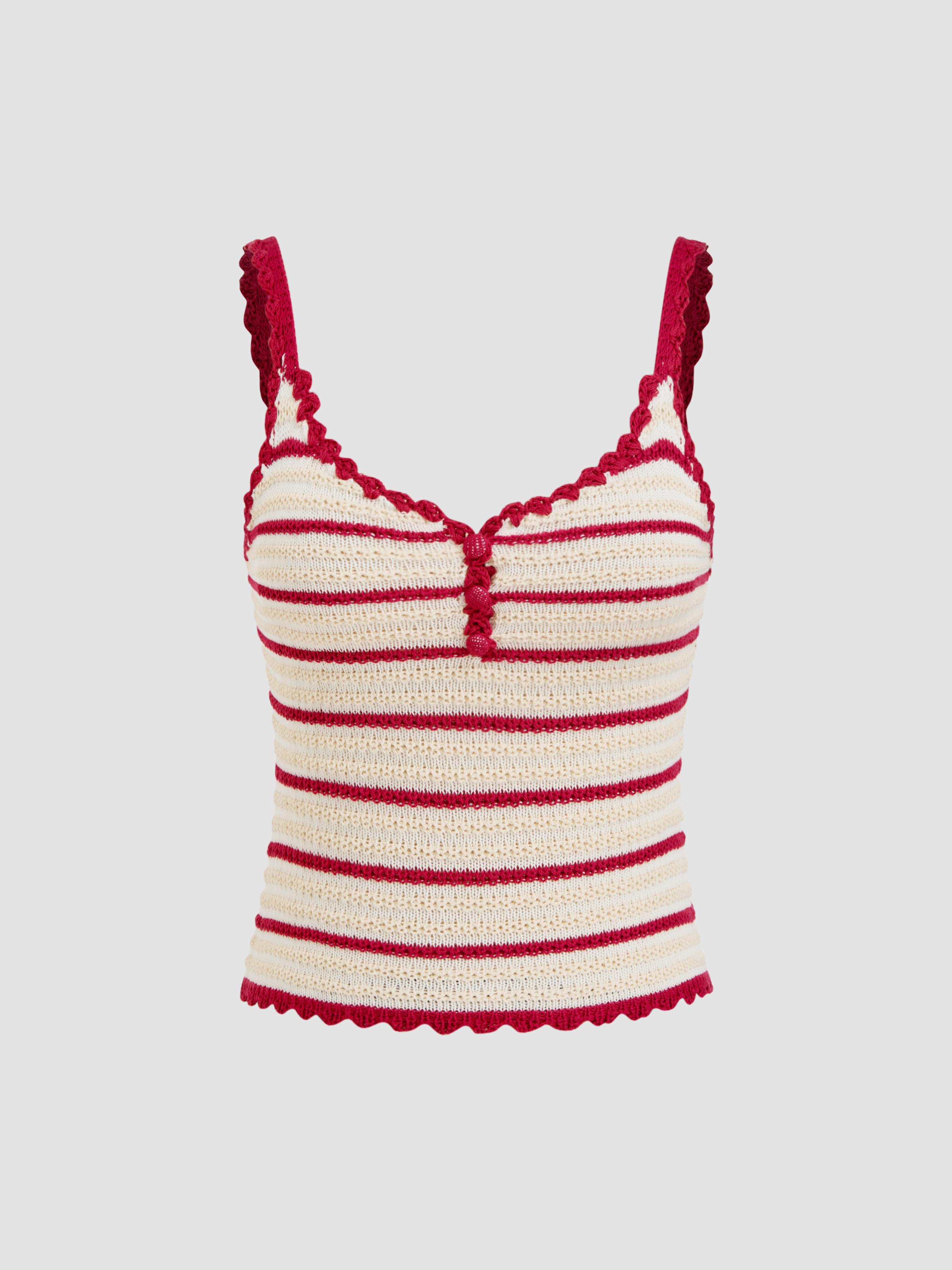 Scallop Trim Crochet Striped Knit Cami Tank Top by CIDER