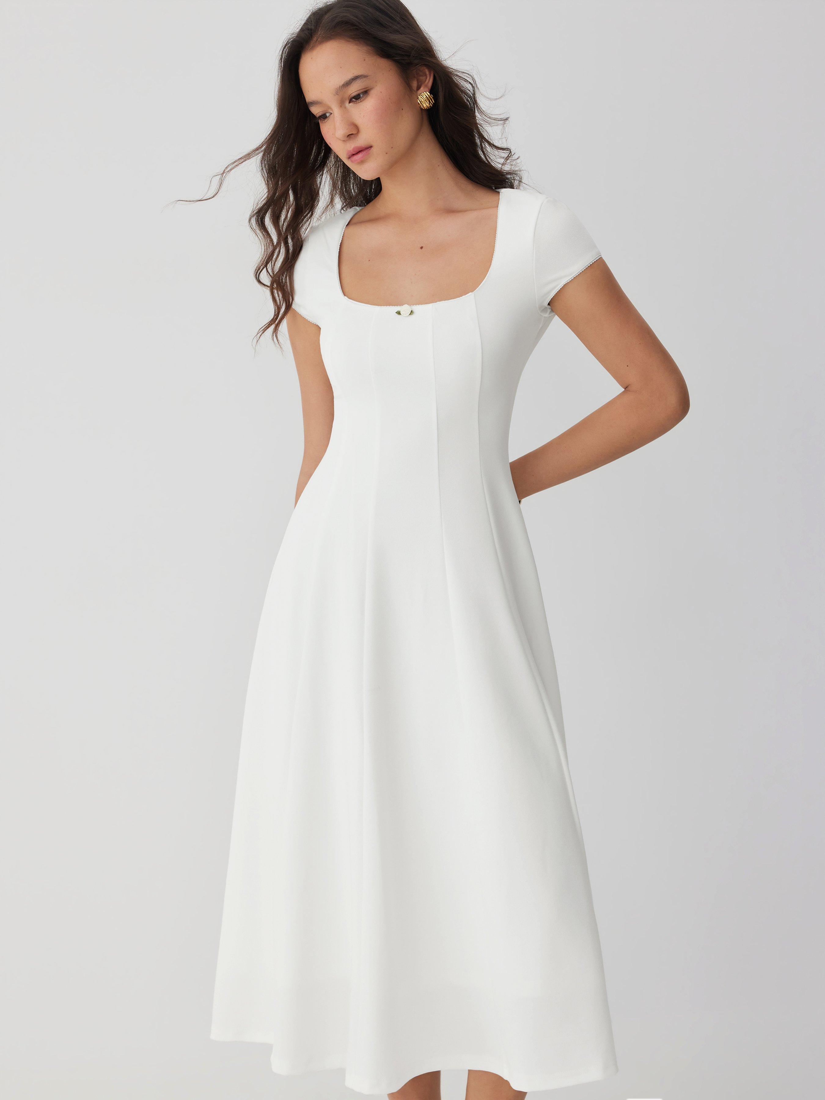 Scoop Neck Short Sleeve Rosette Flared Maxi Dress by CIDER