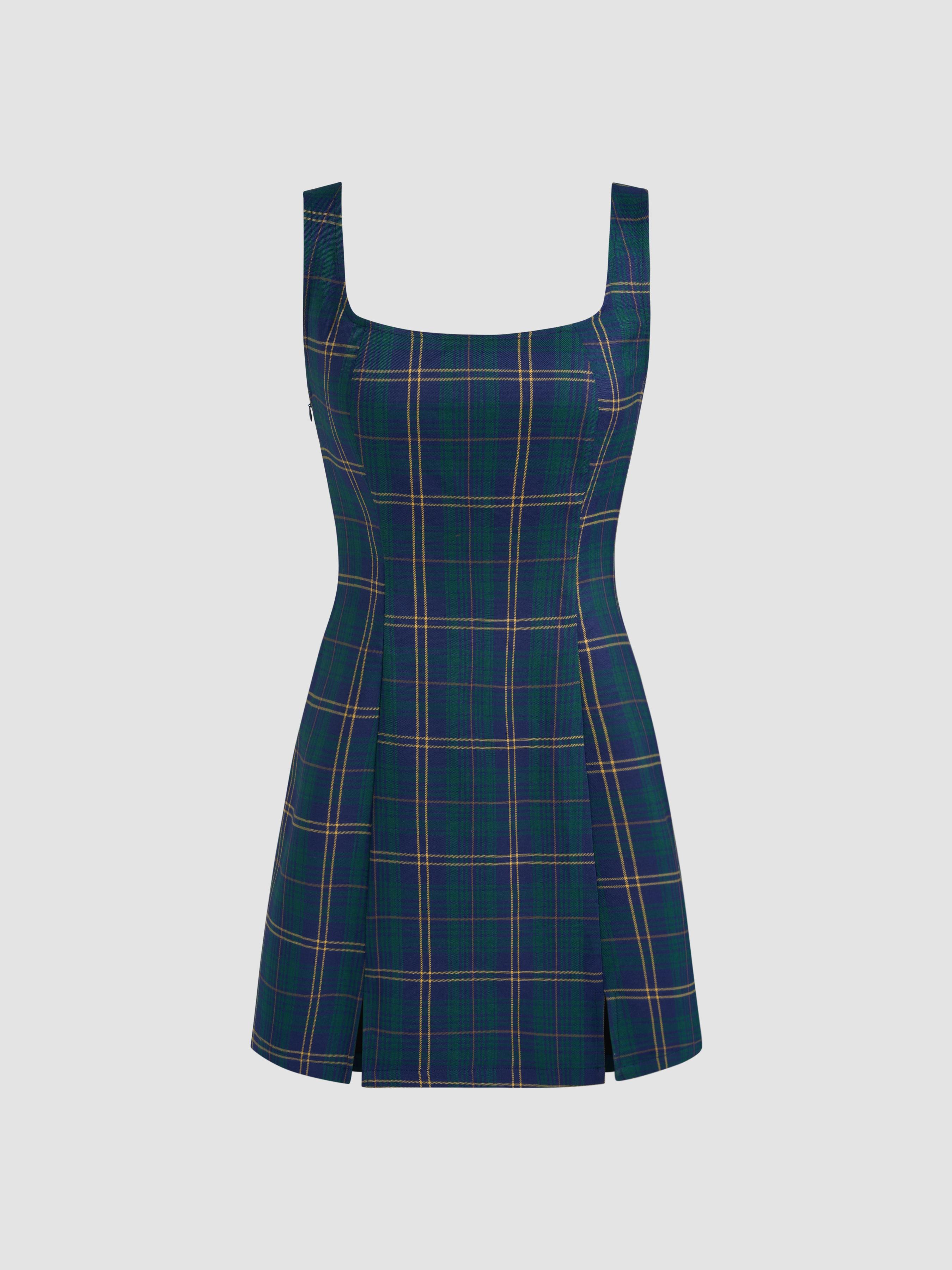 Scoop Neckline Checks Zipper Mini Dress by CIDER