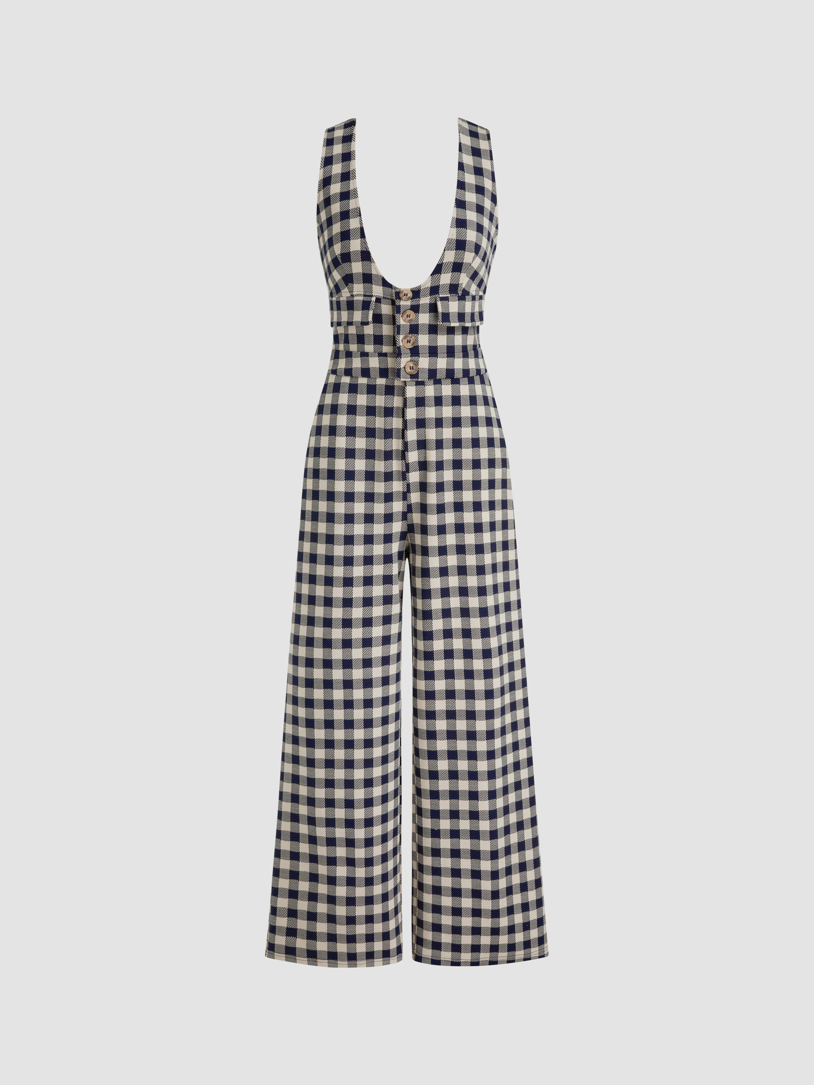 Scoop Neckline Gingham Wide Leg Jumpsuit by CIDER