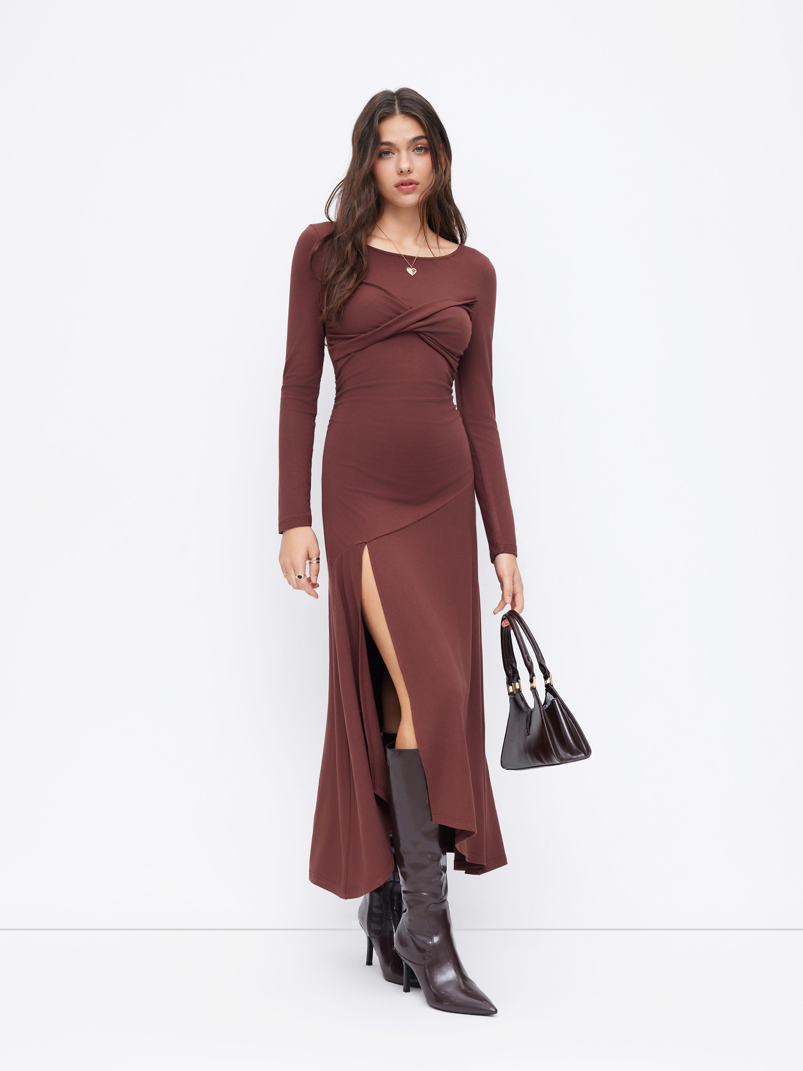 Scoop Neckline Long Sleeve Twist Split Side Maxi Dress by CIDER