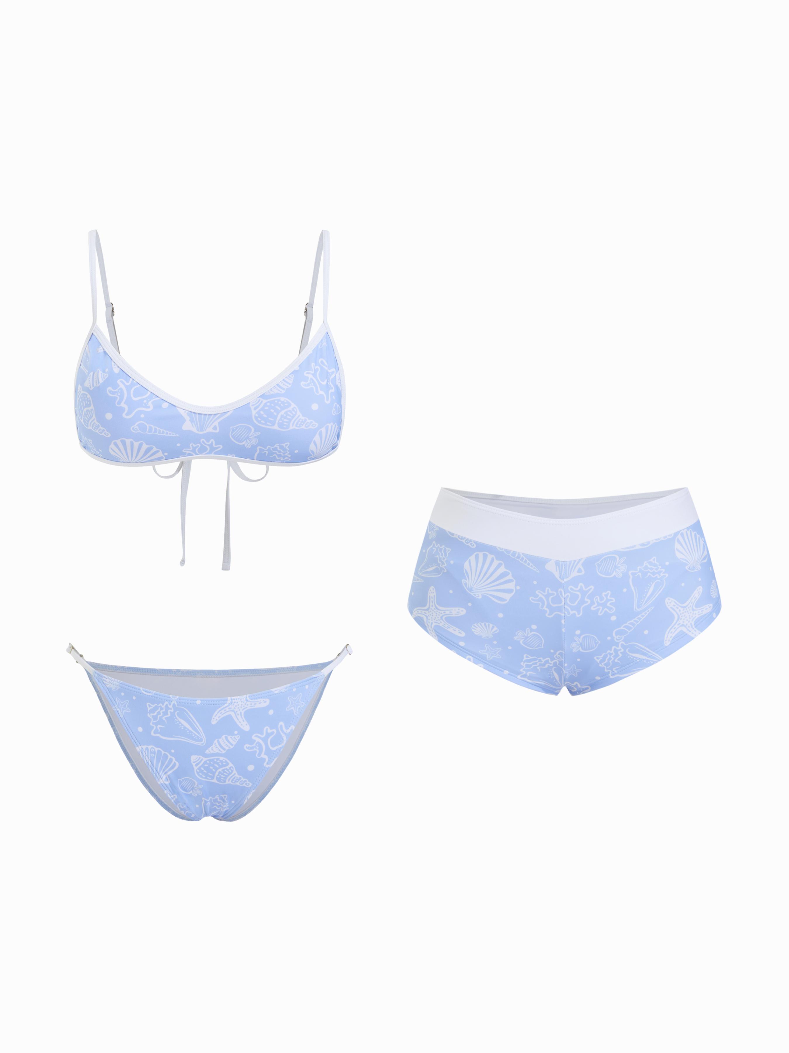 Scoop Neckline Shell & Starfish Graphic Contrast Binding Bracelet Bikini Set With Cover Up Shorts by CIDER