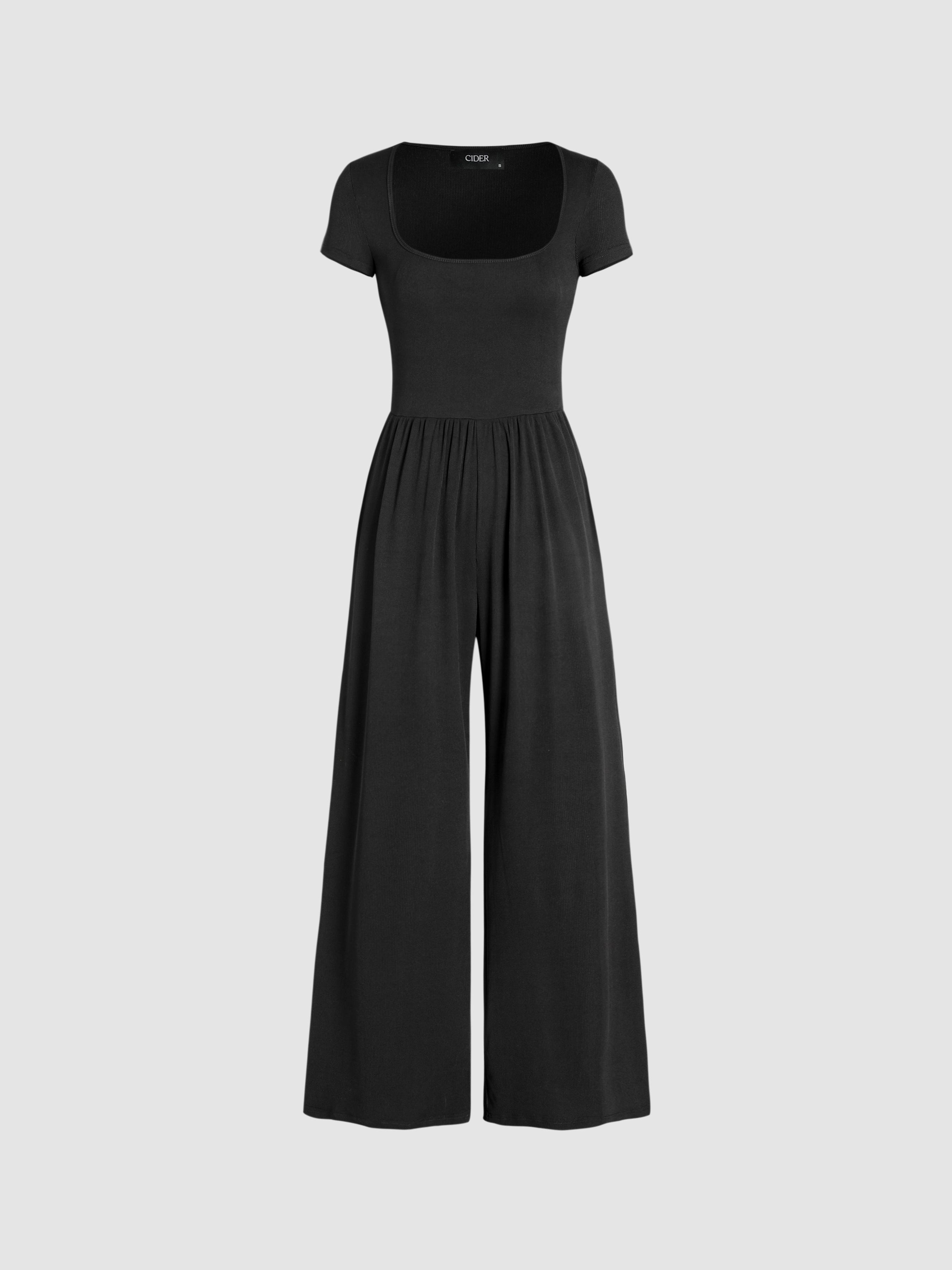 Scoop Neckline Short Sleeve Wide Leg Jumpsuit by CIDER