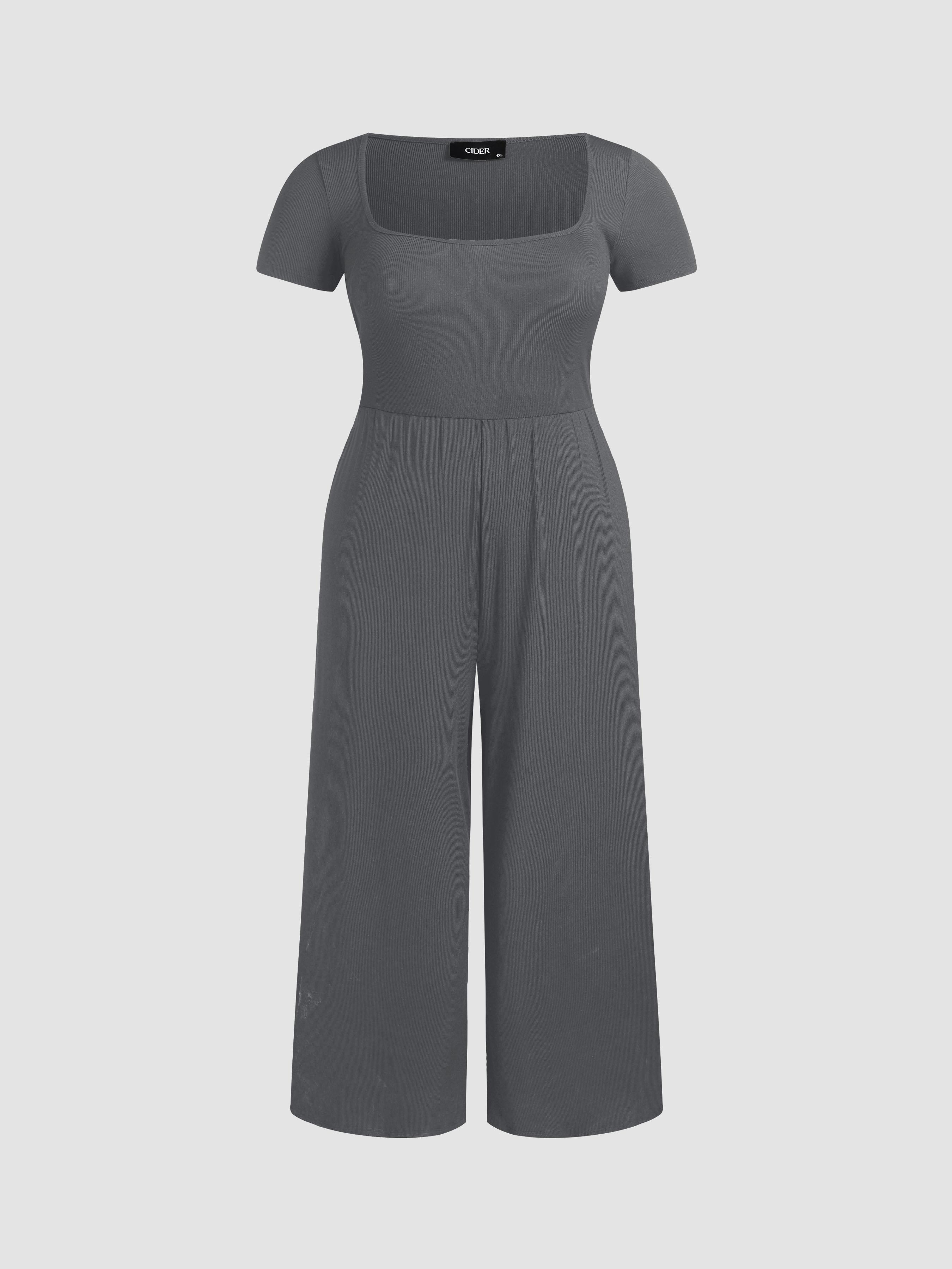 Scoop Neckline Short Sleeve Wide Leg Jumpsuit Curve & Plus by CIDER