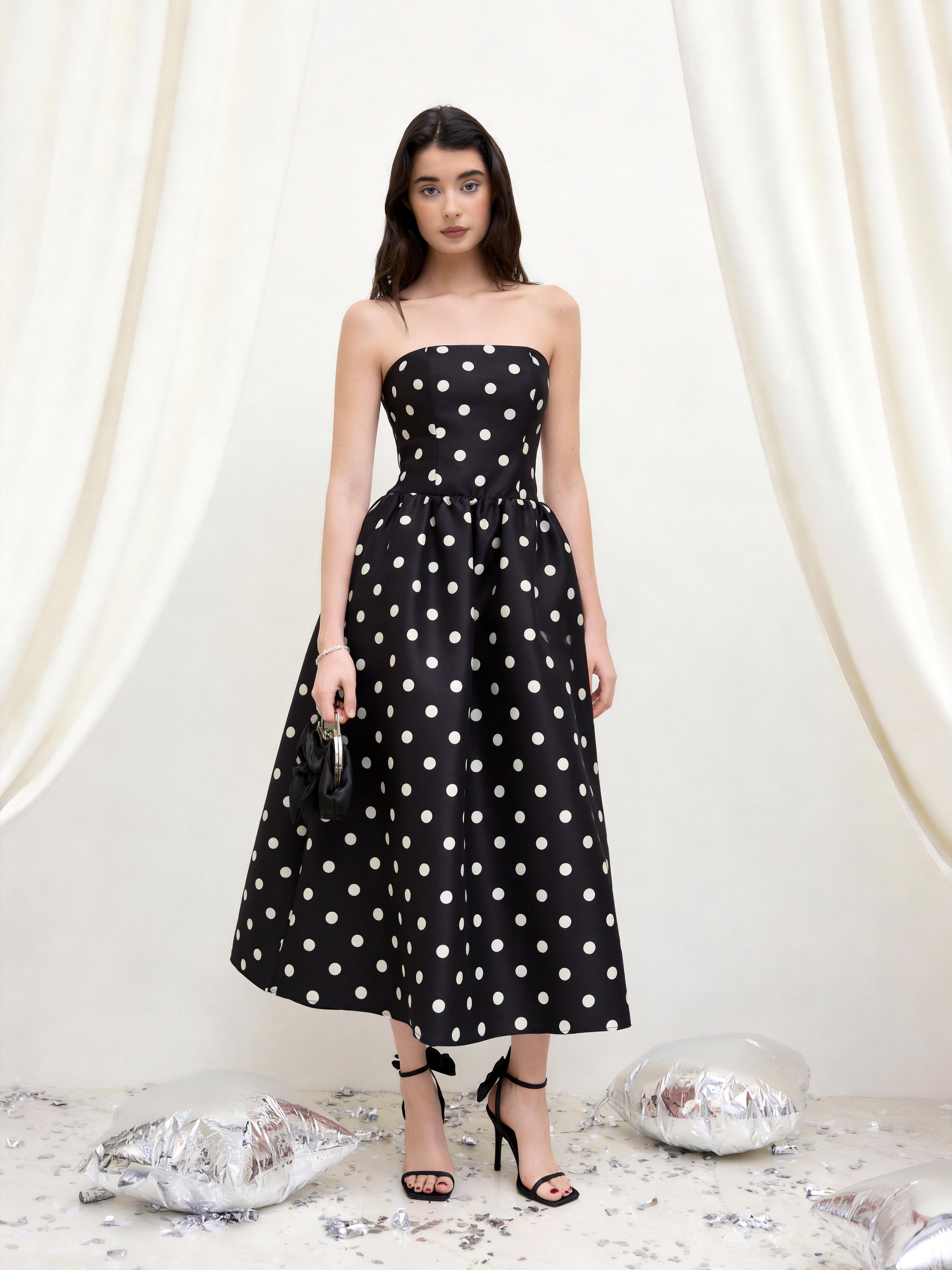 Sculptural Bandeau Polka Dot Shirred Maxi Dress by CIDER