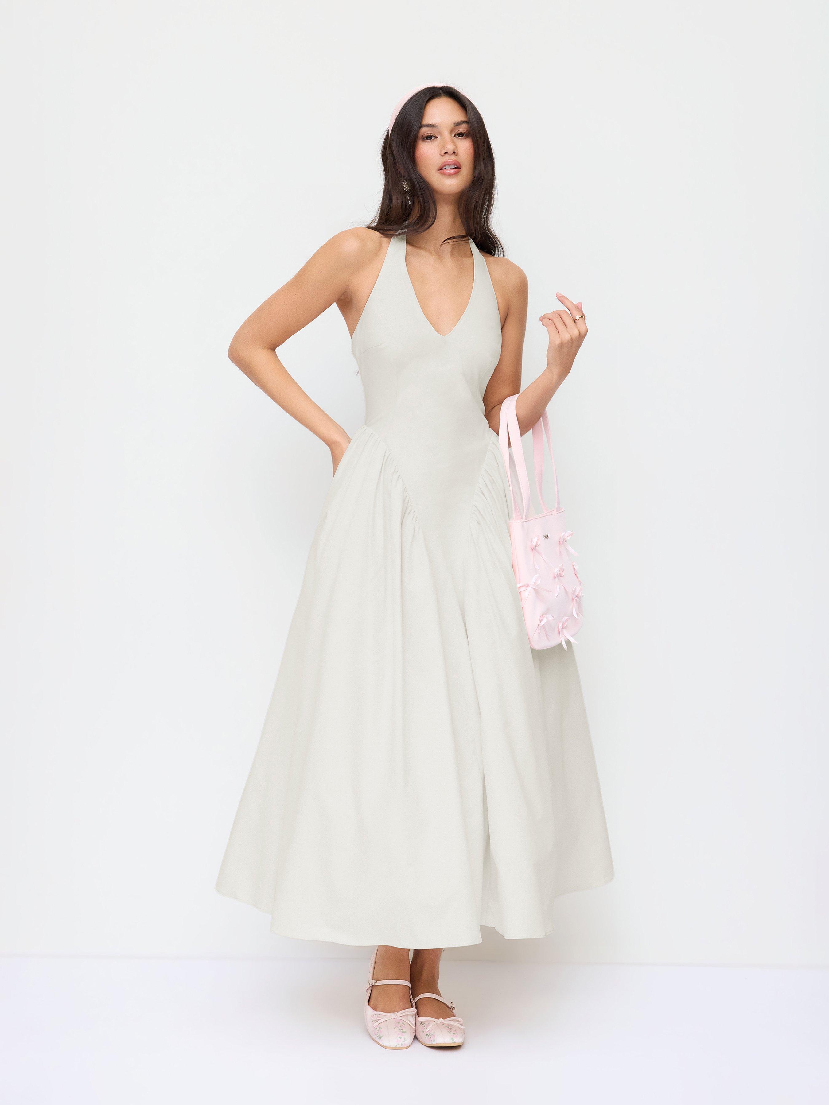 Sculptural Halter V-neck Draped Flared Maxi Dress by CIDER