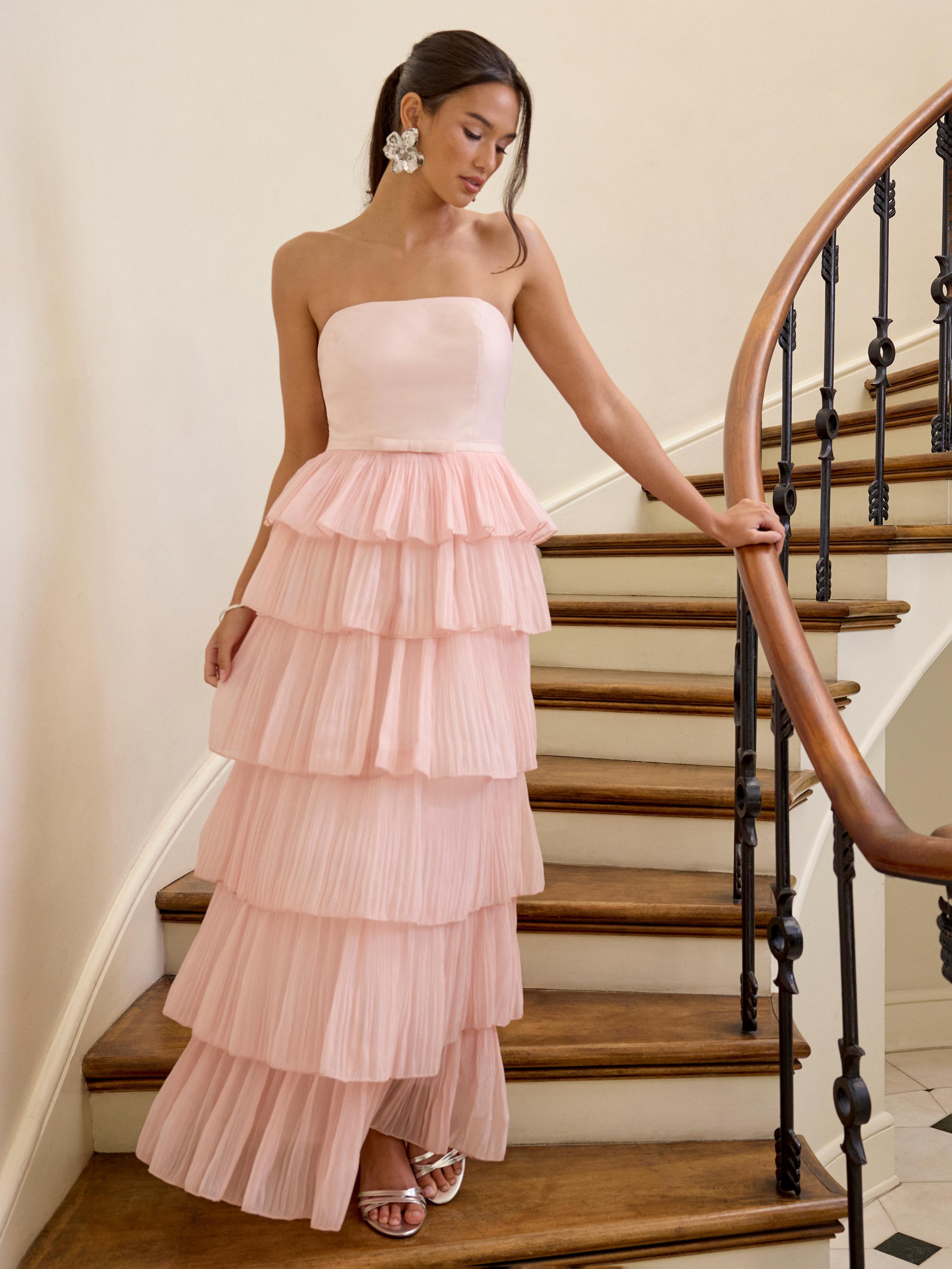 Sculptural Ruffled Bandeau Tiered Bowknot A-line Maxi Dress by CIDER