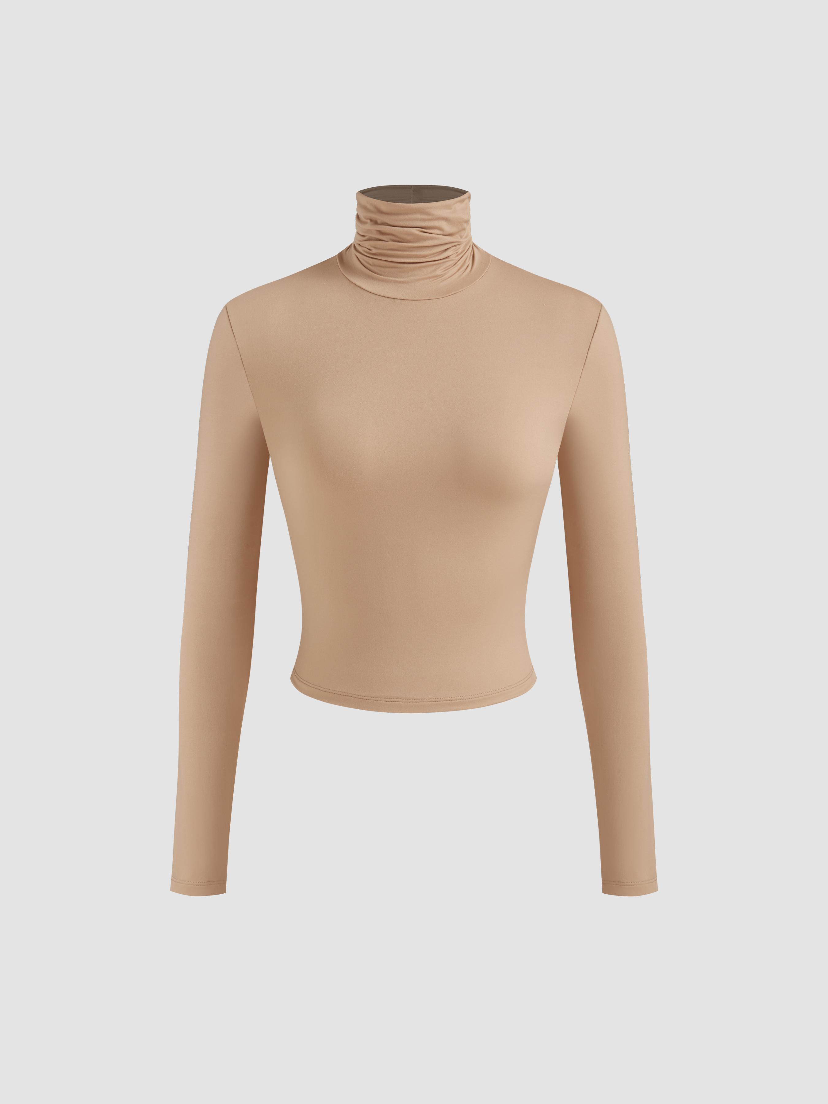 Second Skin Double Layered High Neck Solid Ruched Long Sleeve Crop Tee by CIDER