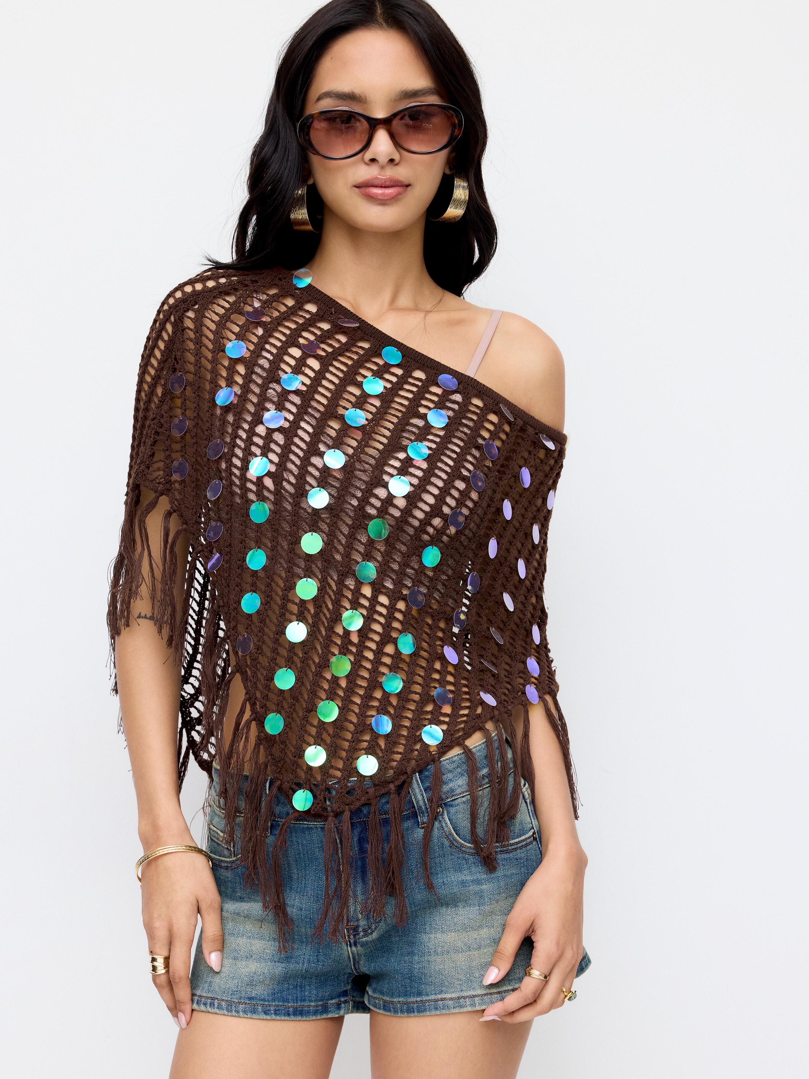 Sequin Asymmetrical Neck Fringe Trim Fringe See-Through Top by CIDER