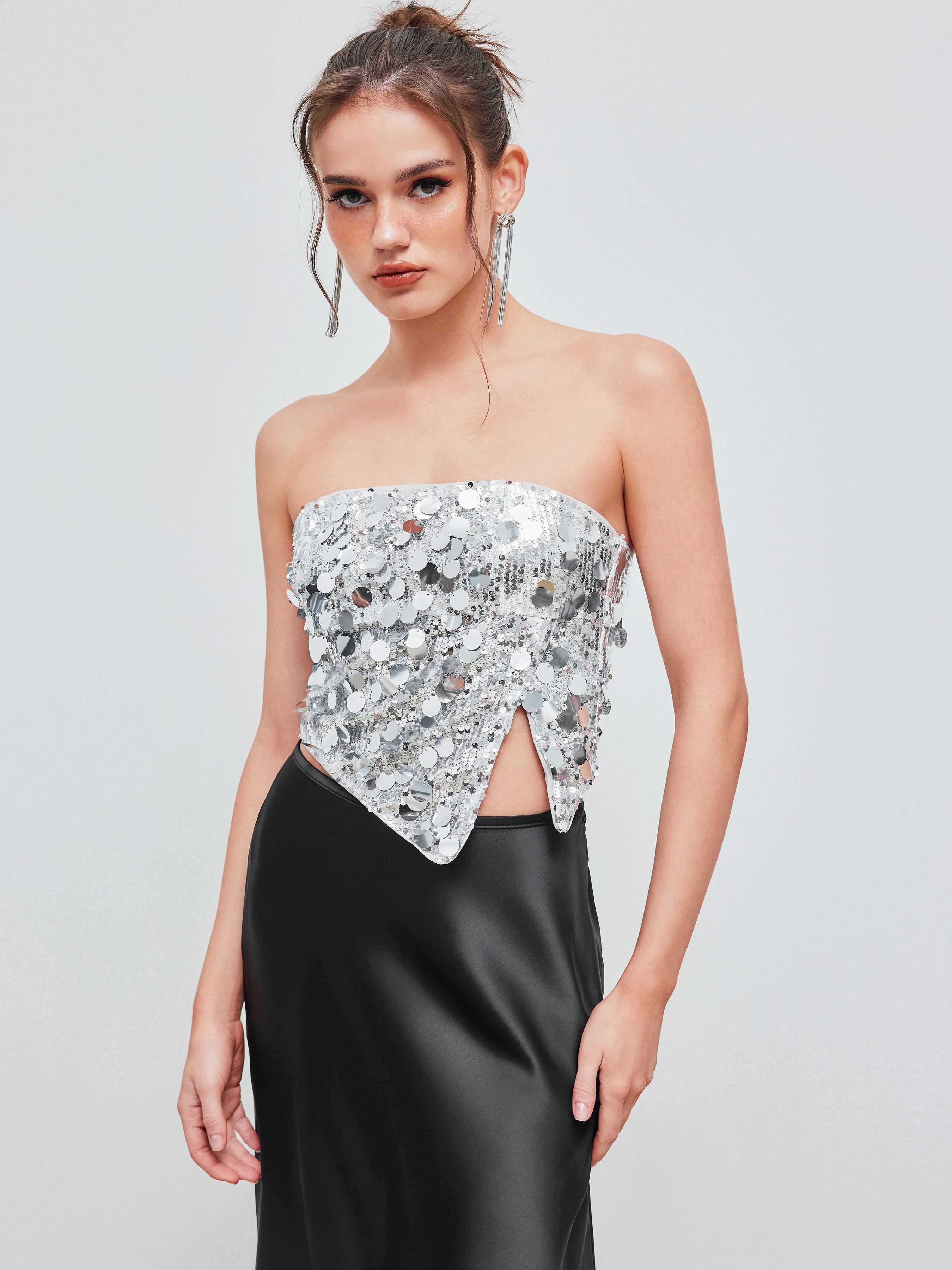 Split Crop Top String Sequin Asymmetrical Split Tube Crop Top by CIDER | jellibeans