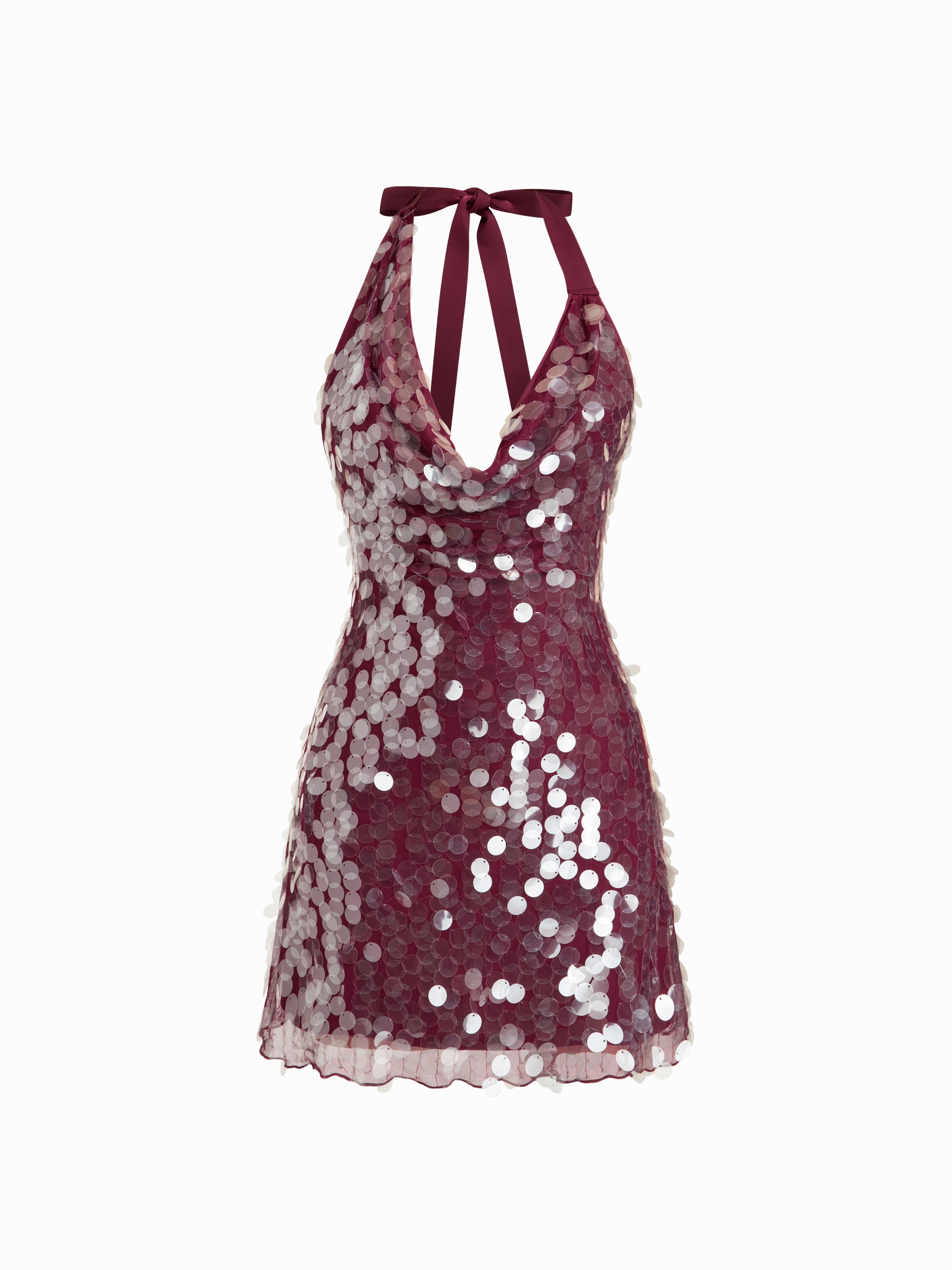 Sequin Halter Neckline Backless Lettuce Trim Mini Dress by CIDER