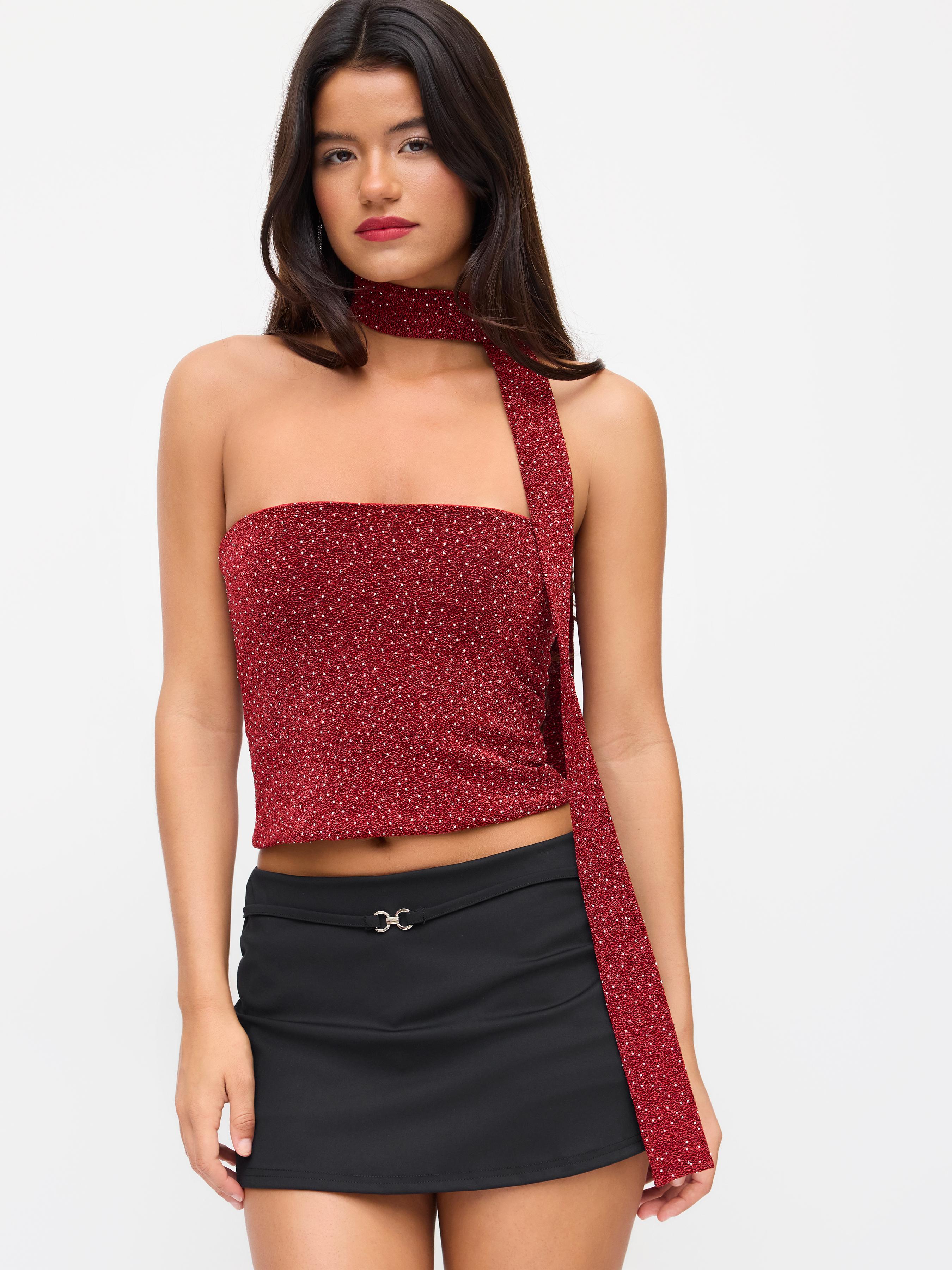 Sequin Mesh Rhinestone Bandeau Top With Scarf by CIDER