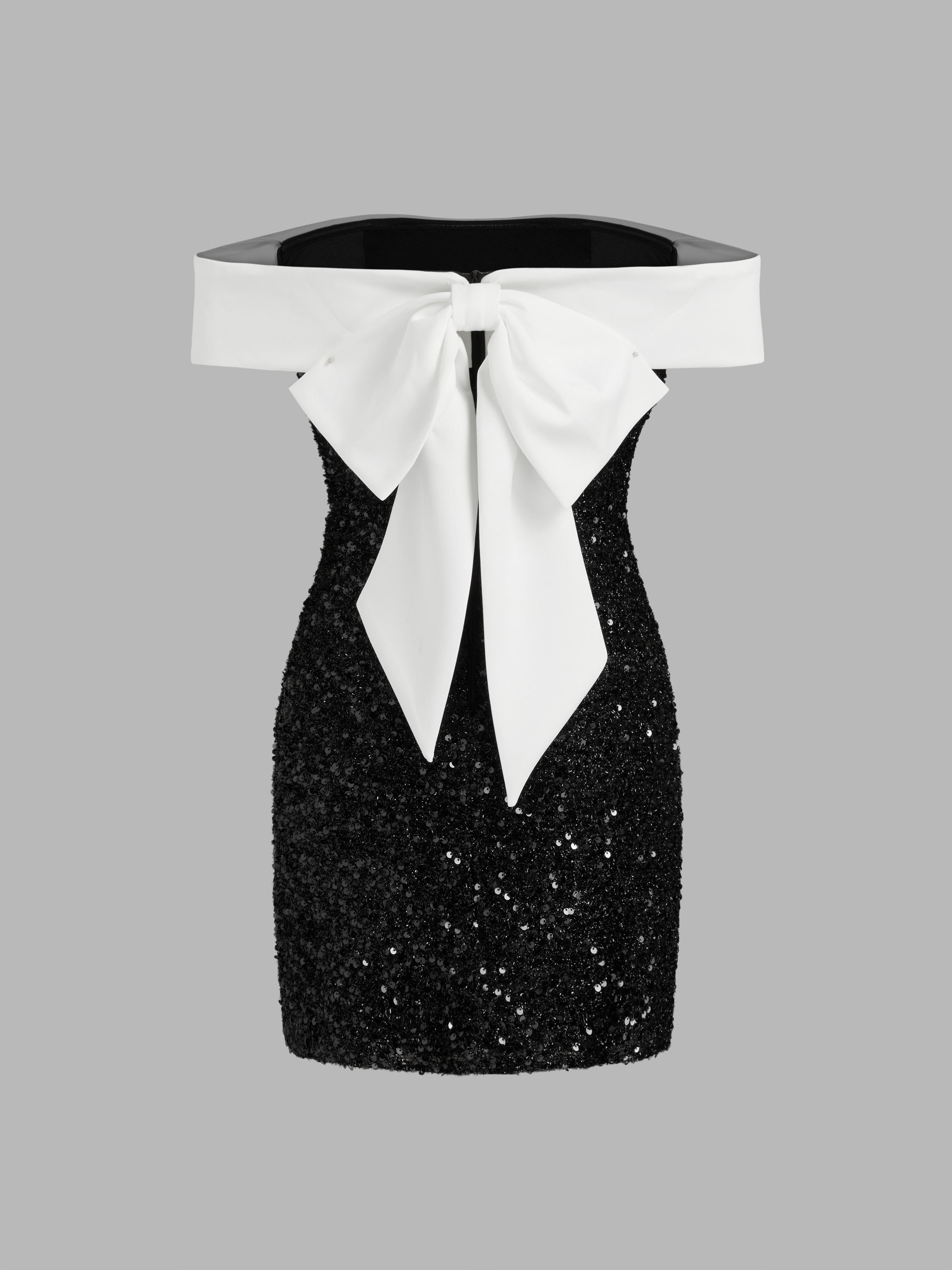 Sequin Off-shoulder Solid Bowknot Mini Dress by CIDER