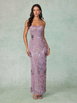 Sequin Textured Floral Embroidery Sweetheart Split Straight Maxi Dress by CIDER
