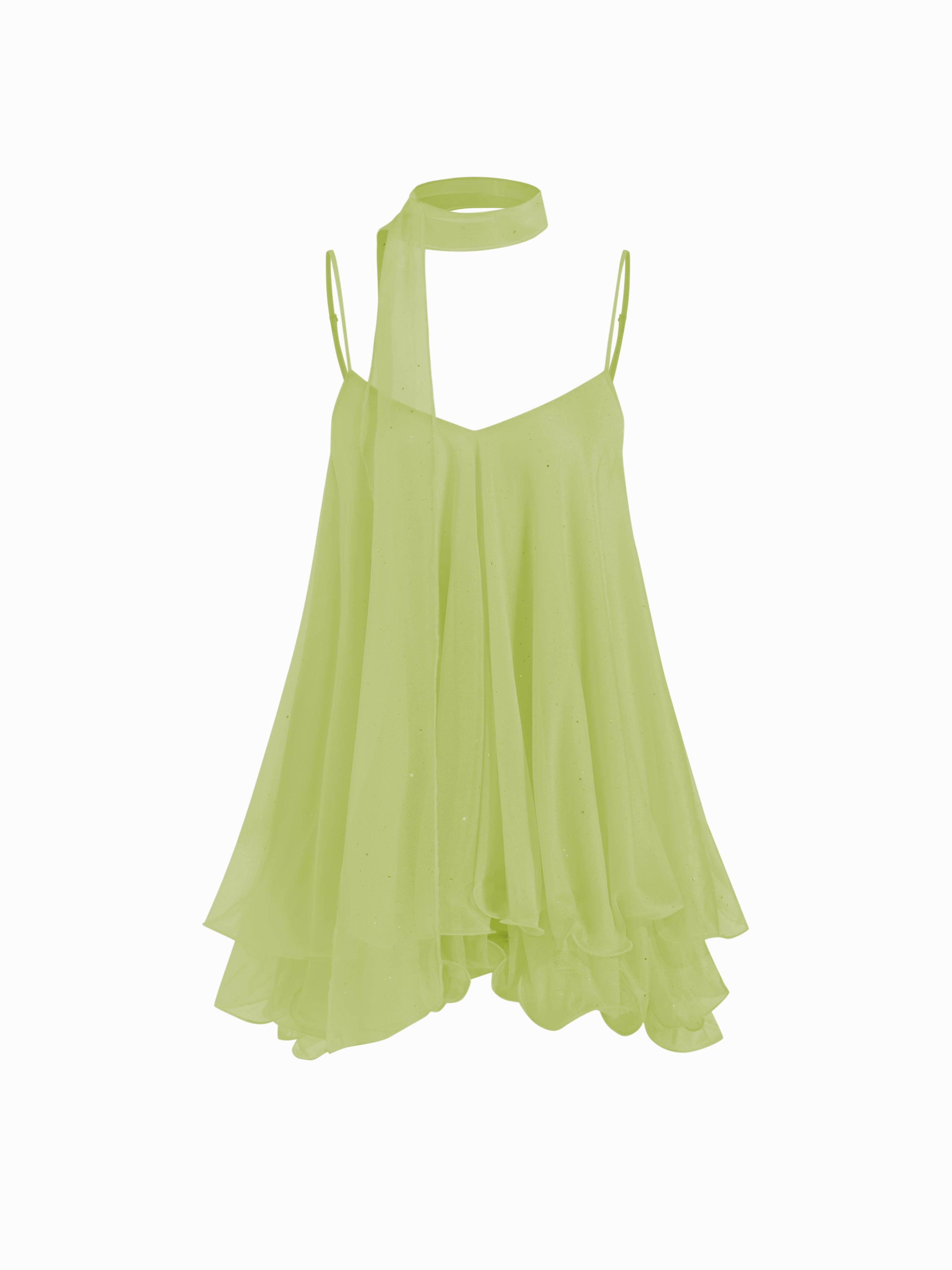 Sequin V-Neck Halter Ruffled Hem Oversized Mini Dress With Scarf by CIDER