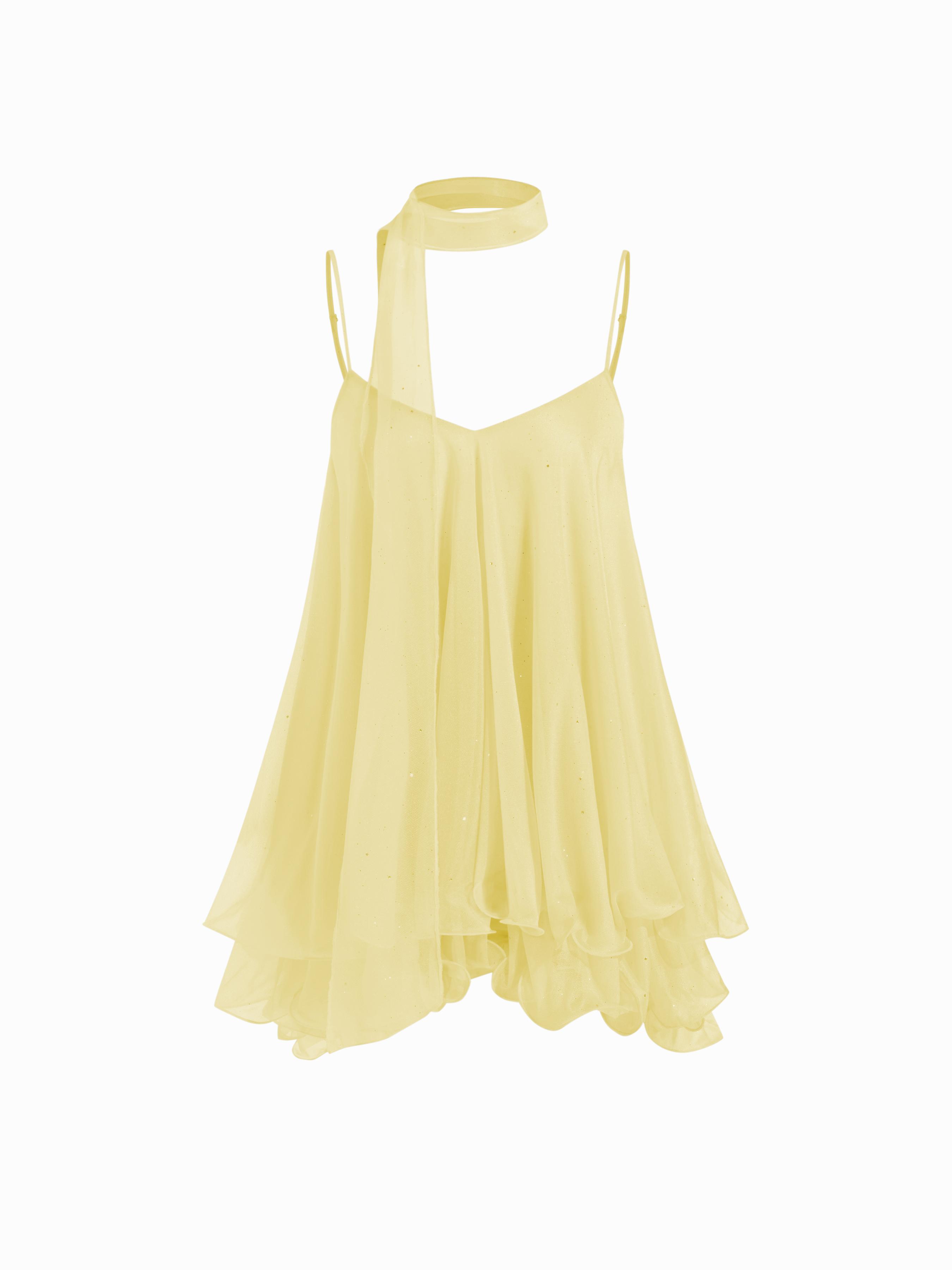 Sequin V-Neck Halter Ruffled Hem Oversized Mini Dress With Scarf by CIDER