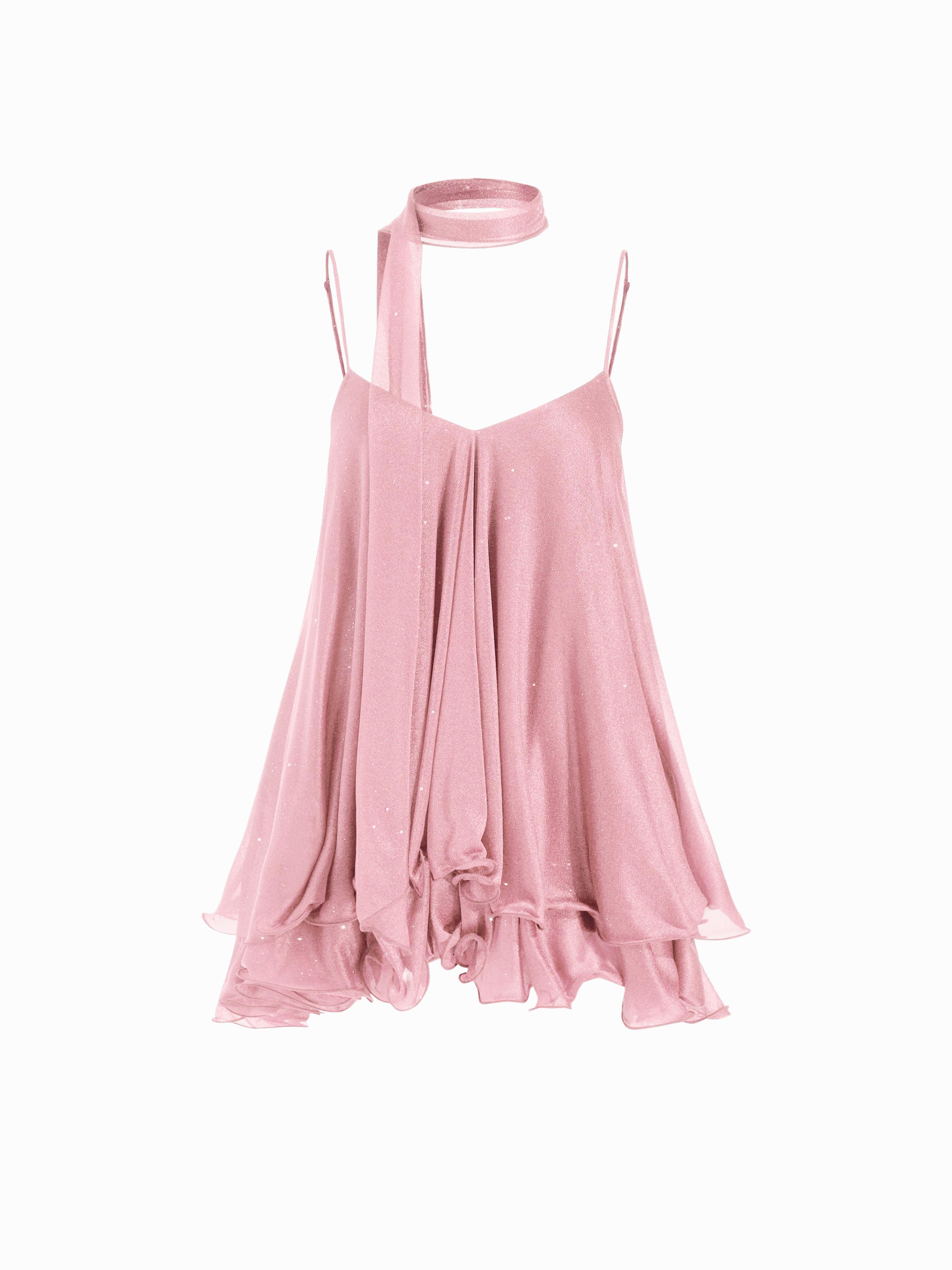 Sequin V-Neck Halter Ruffled Hem Oversized Mini Dress With Scarf by CIDER