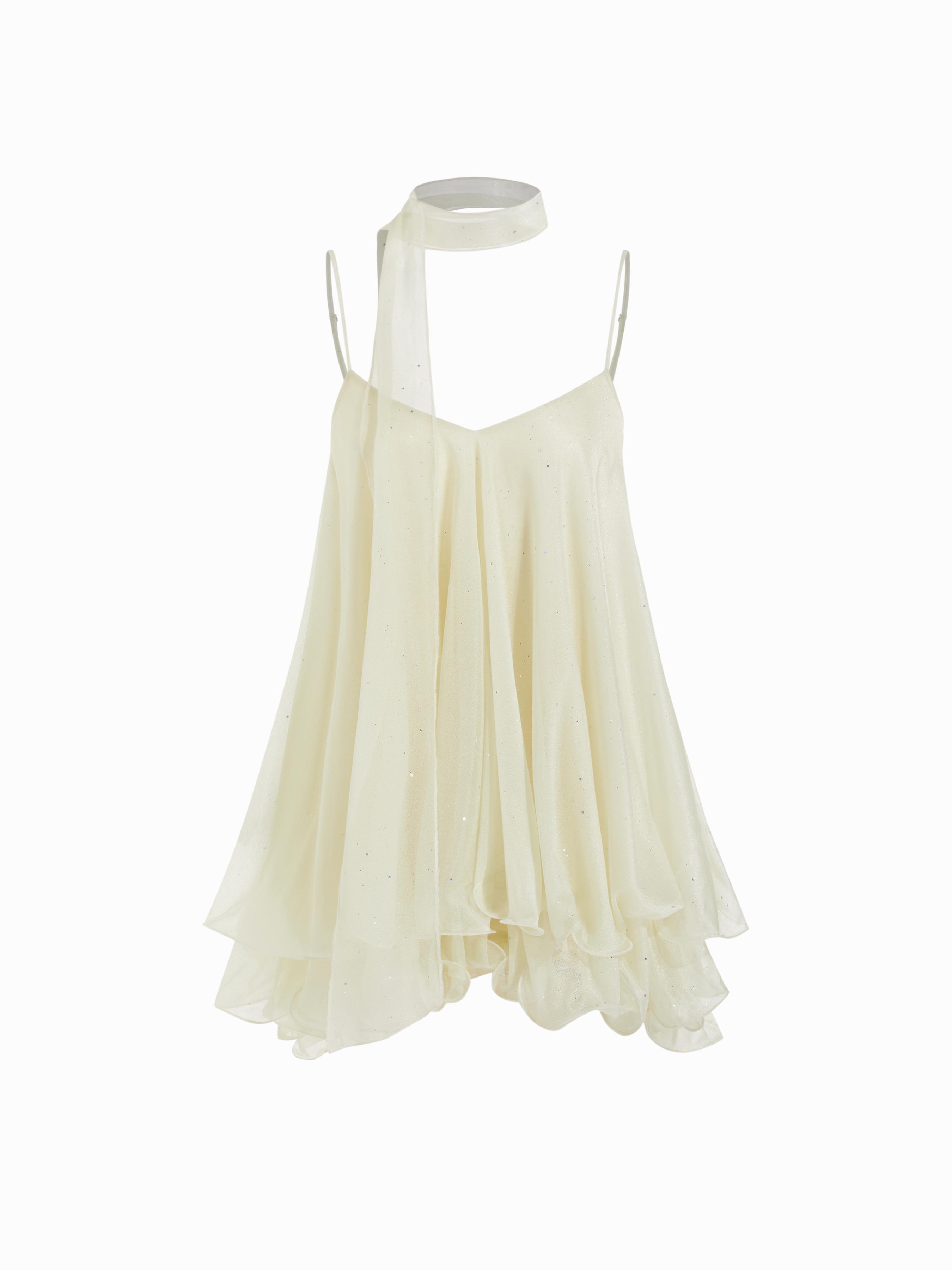 Sequin V-Neck Halter Ruffled Hem Oversized Mini Dress With Scarf by CIDER