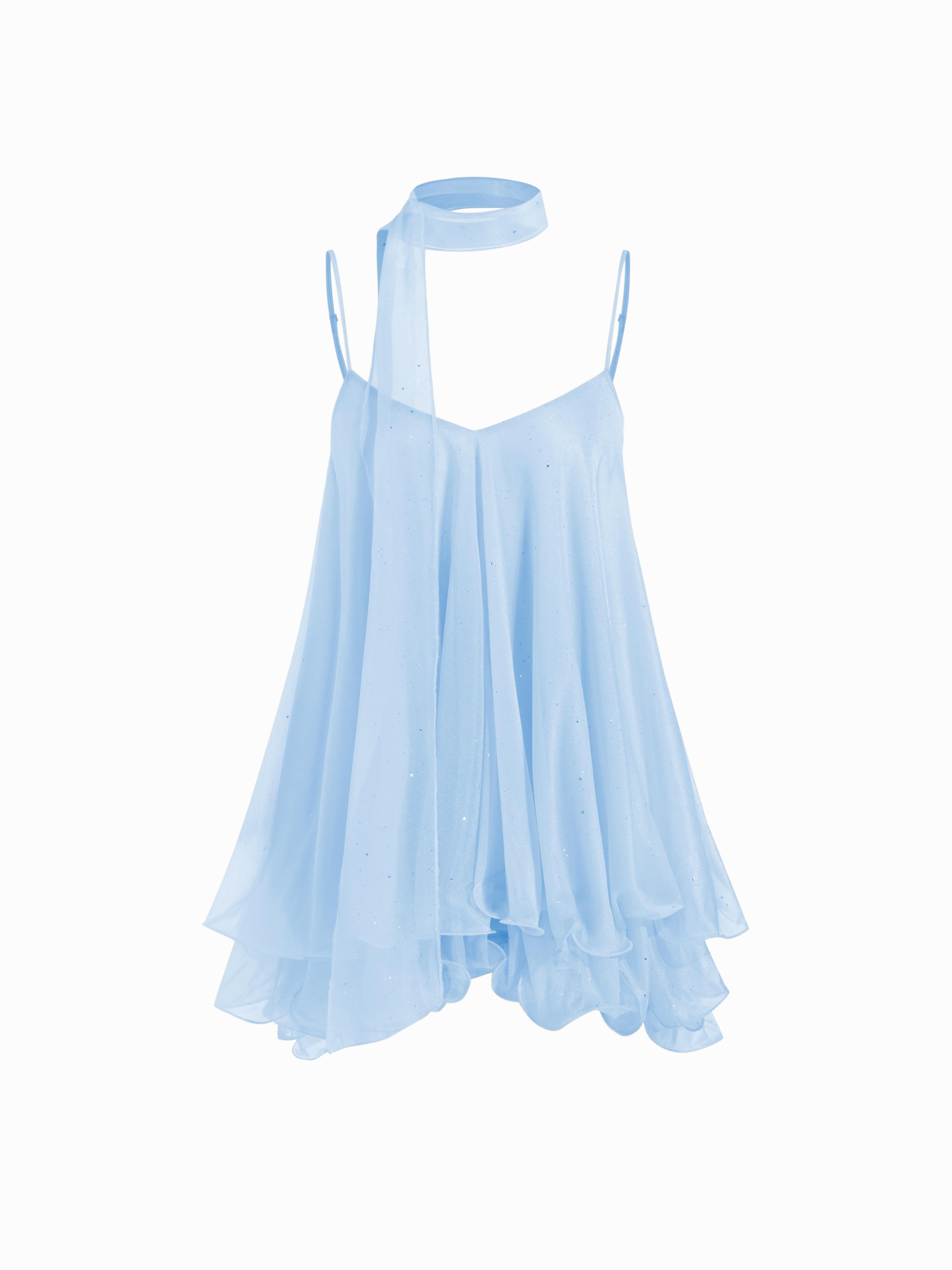 Sequin V-Neck Halter Ruffled Hem Oversized Mini Dress With Scarf by undefined