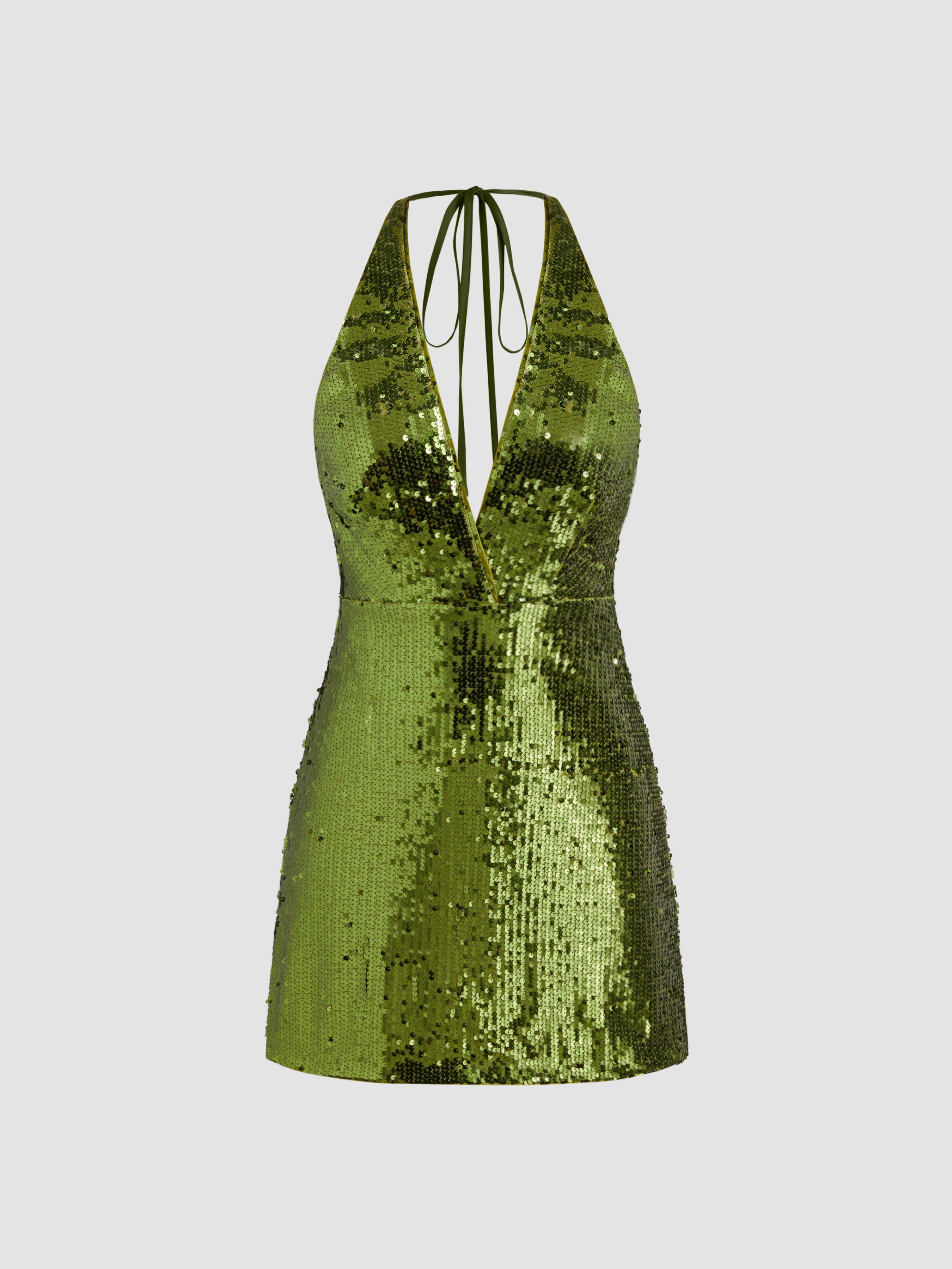 Sequin V-neck Halter Knotted Mini Dress by CIDER