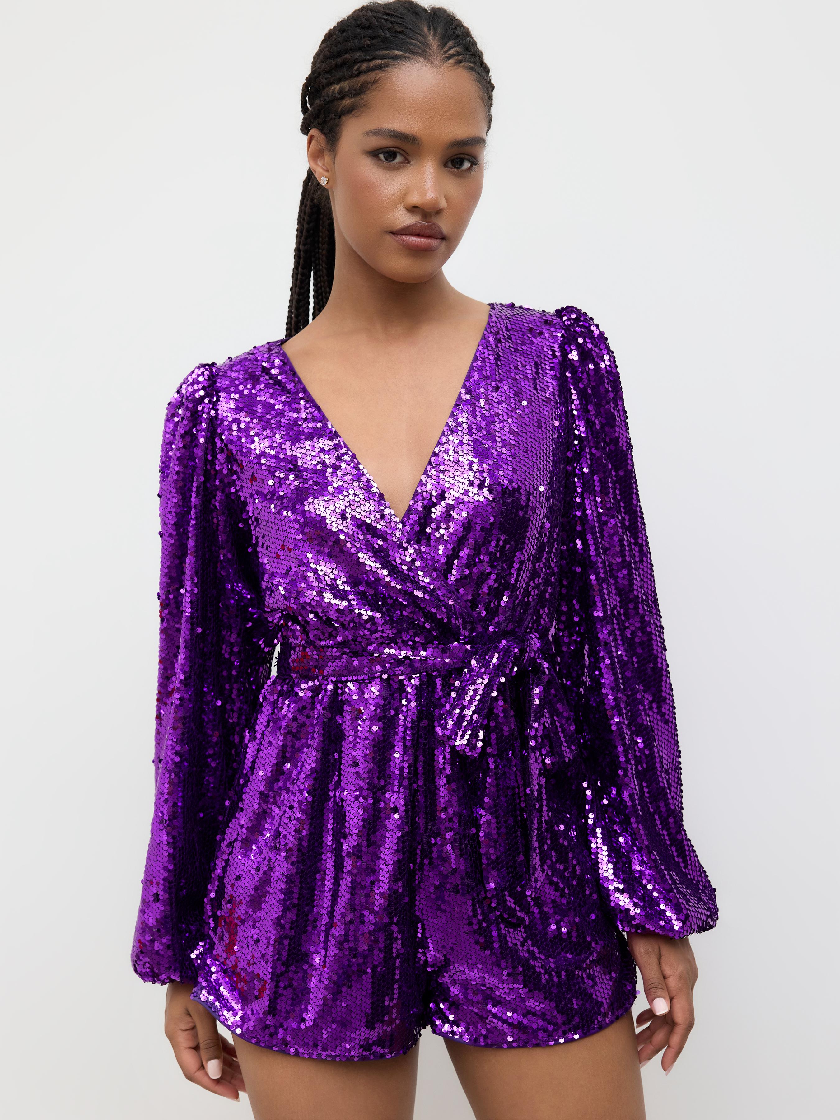 Sequin V-neck Solid Belted Romper by CIDER