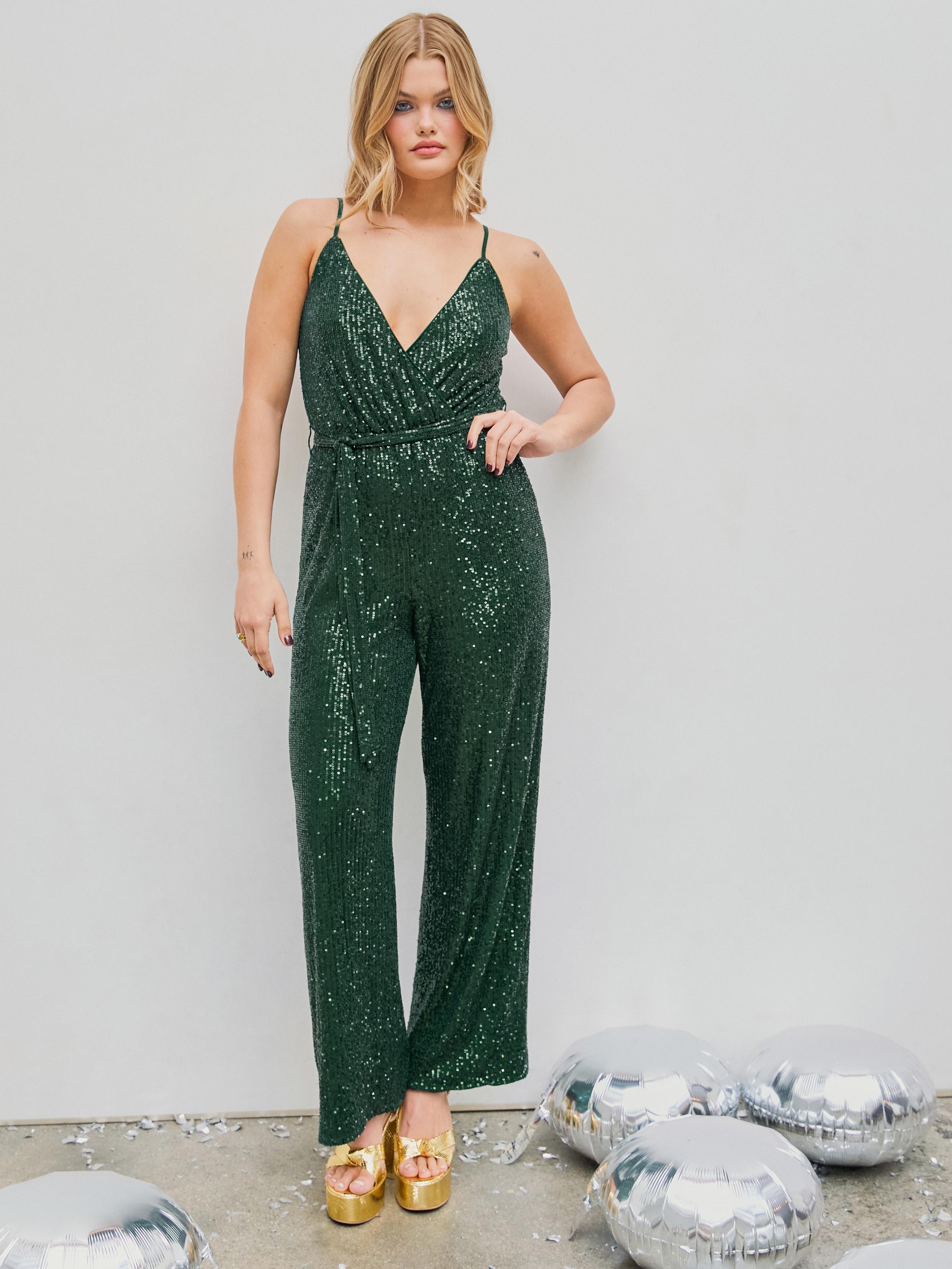 Sequin V-neck Solid Belted Wide Leg Jumpsuit by CIDER