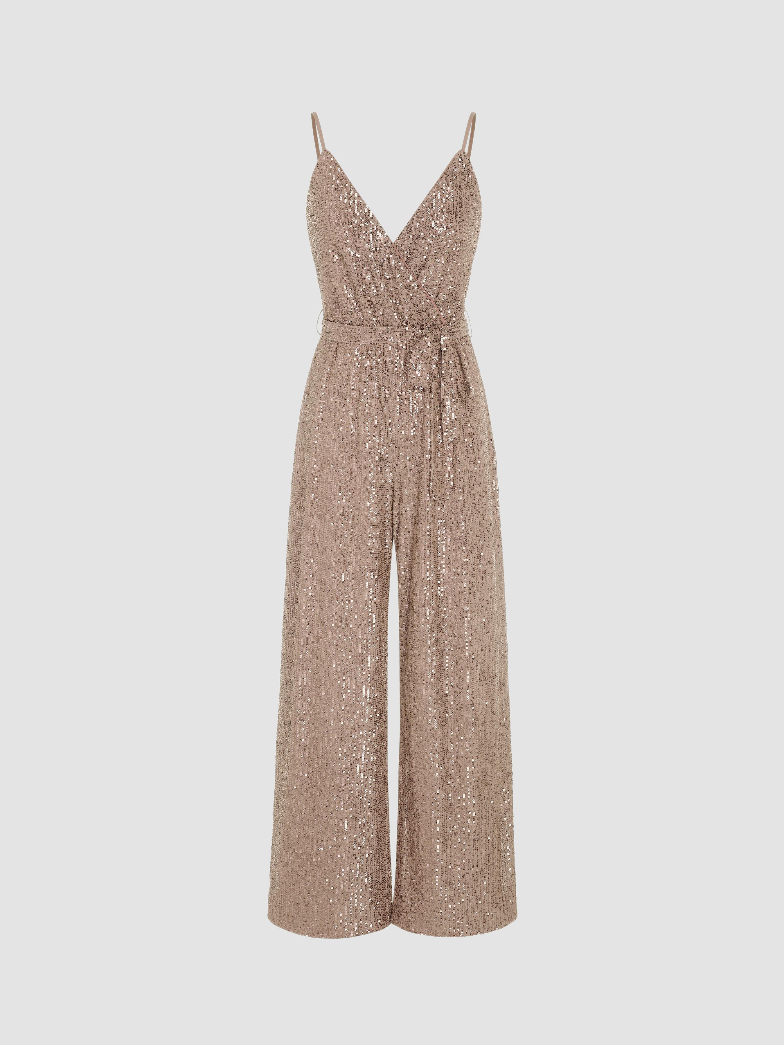 Sequin V-neck Solid Belted Wide Leg Jumpsuit by CIDER