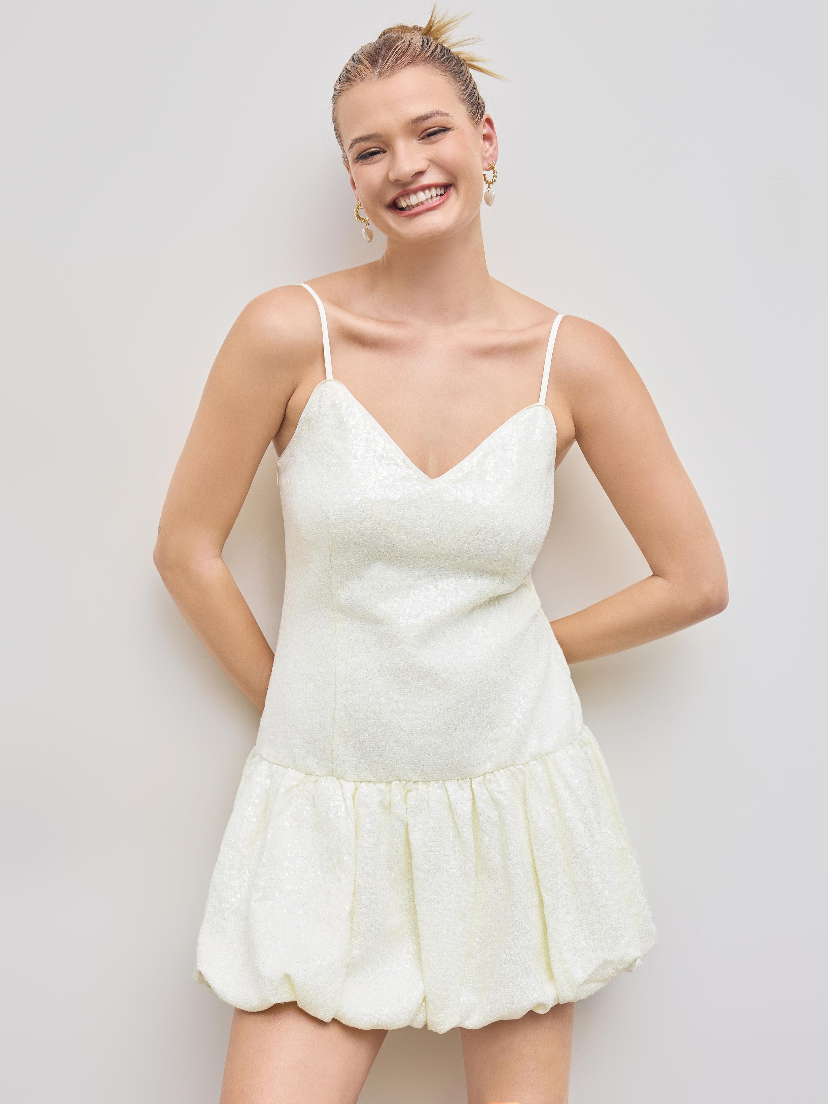 Sequin V-neck Solid Bubble Hem Mini Dress by CIDER
