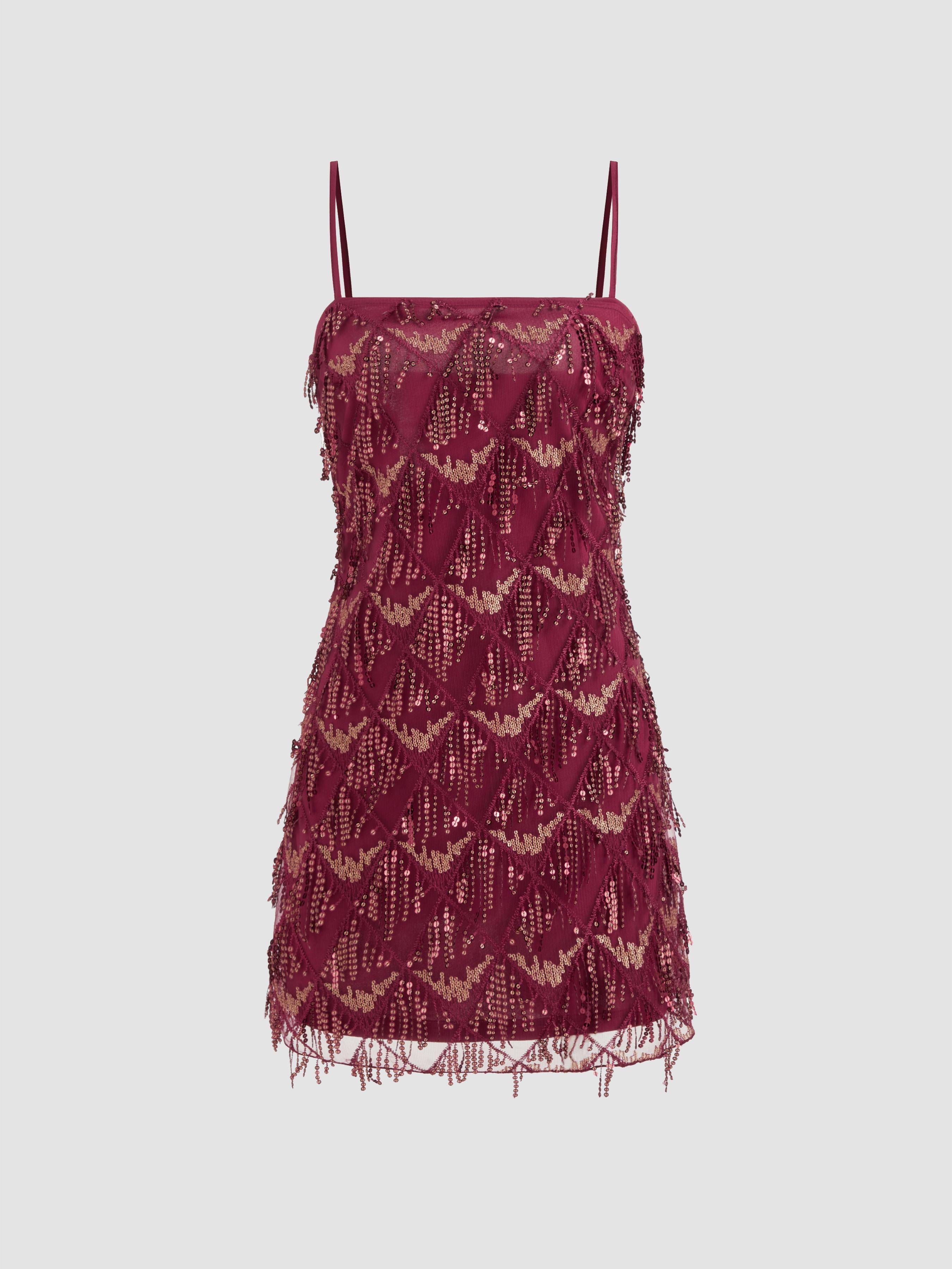 Sequins Square Neck Geometric Tassel Mini Dress by CIDER