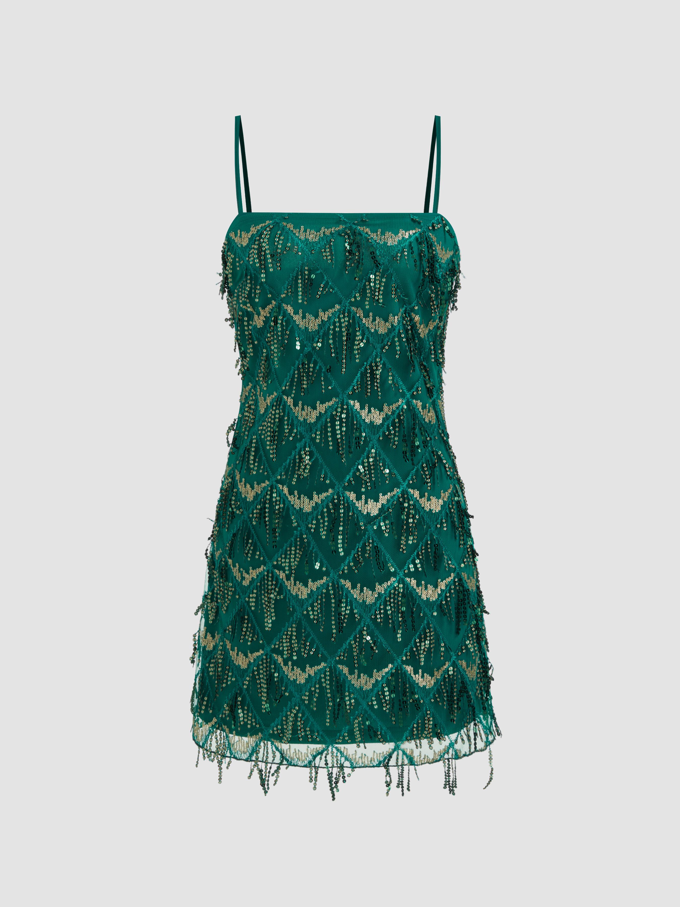 Sequins Square Neck Geometric Tassel Mini Dress by CIDER