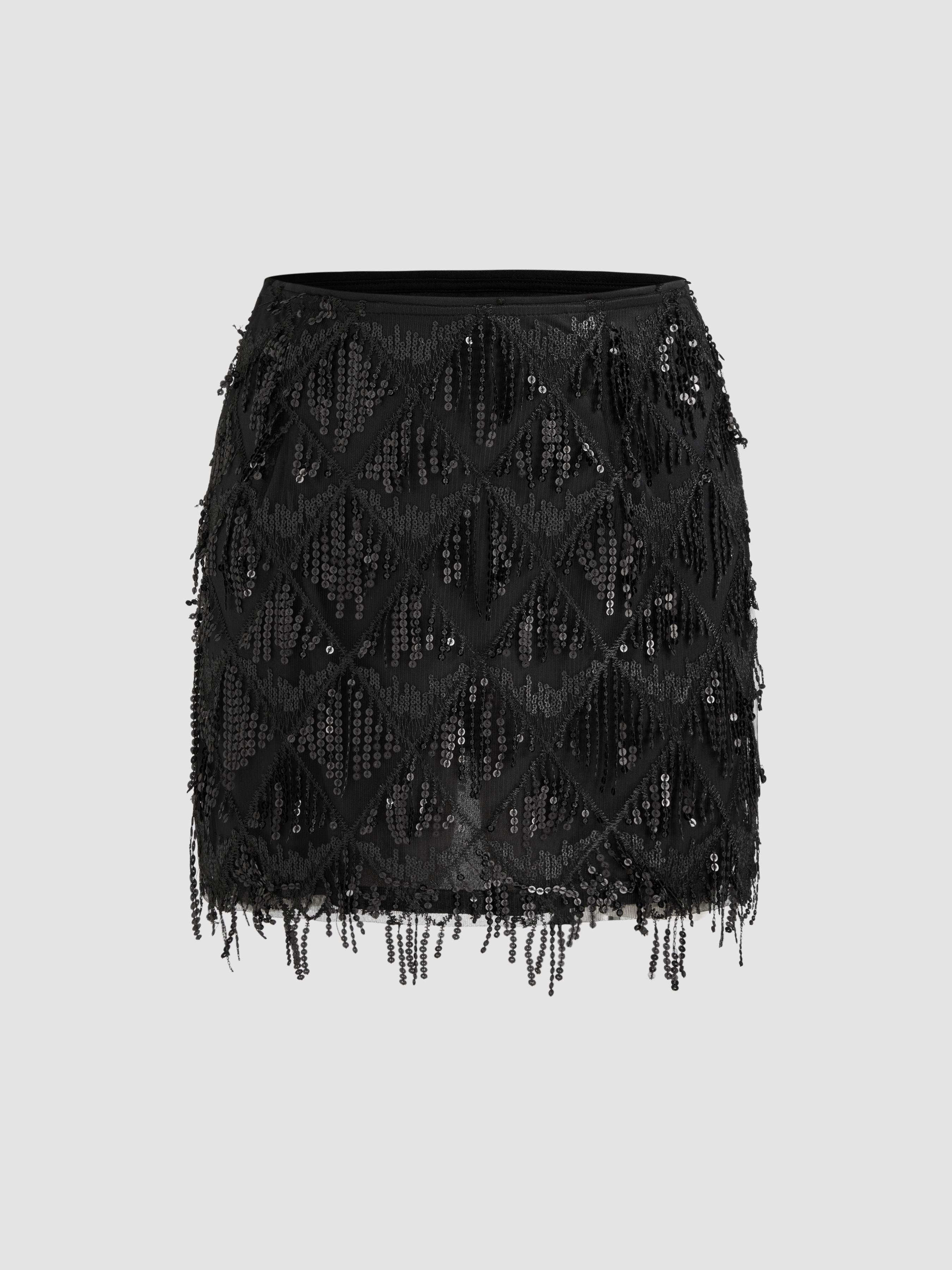 Sequins Tassel Mid Waist Mini Skirt by CIDER