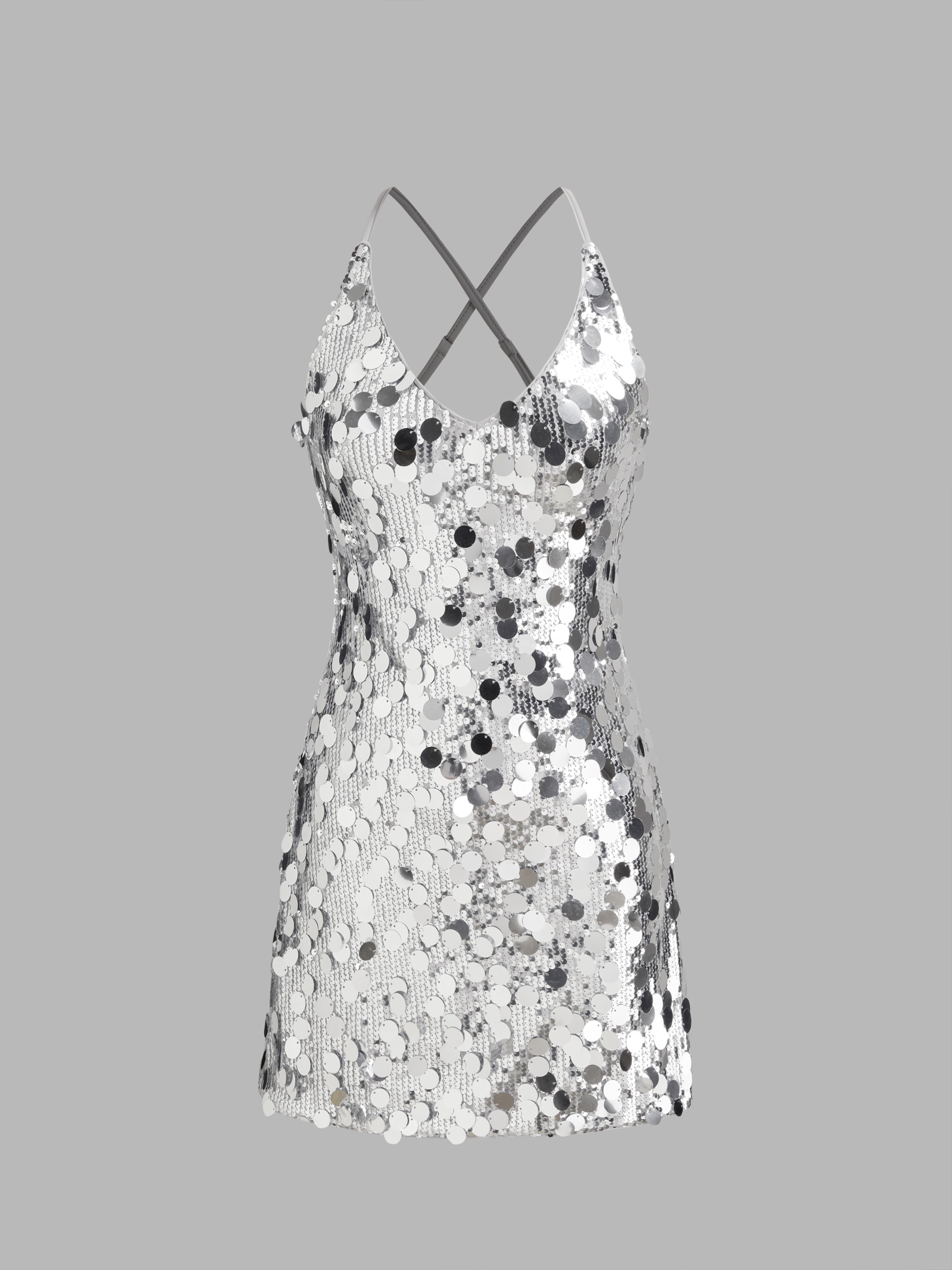 Sequins U-neckline Criss Cross Mini Dress by CIDER