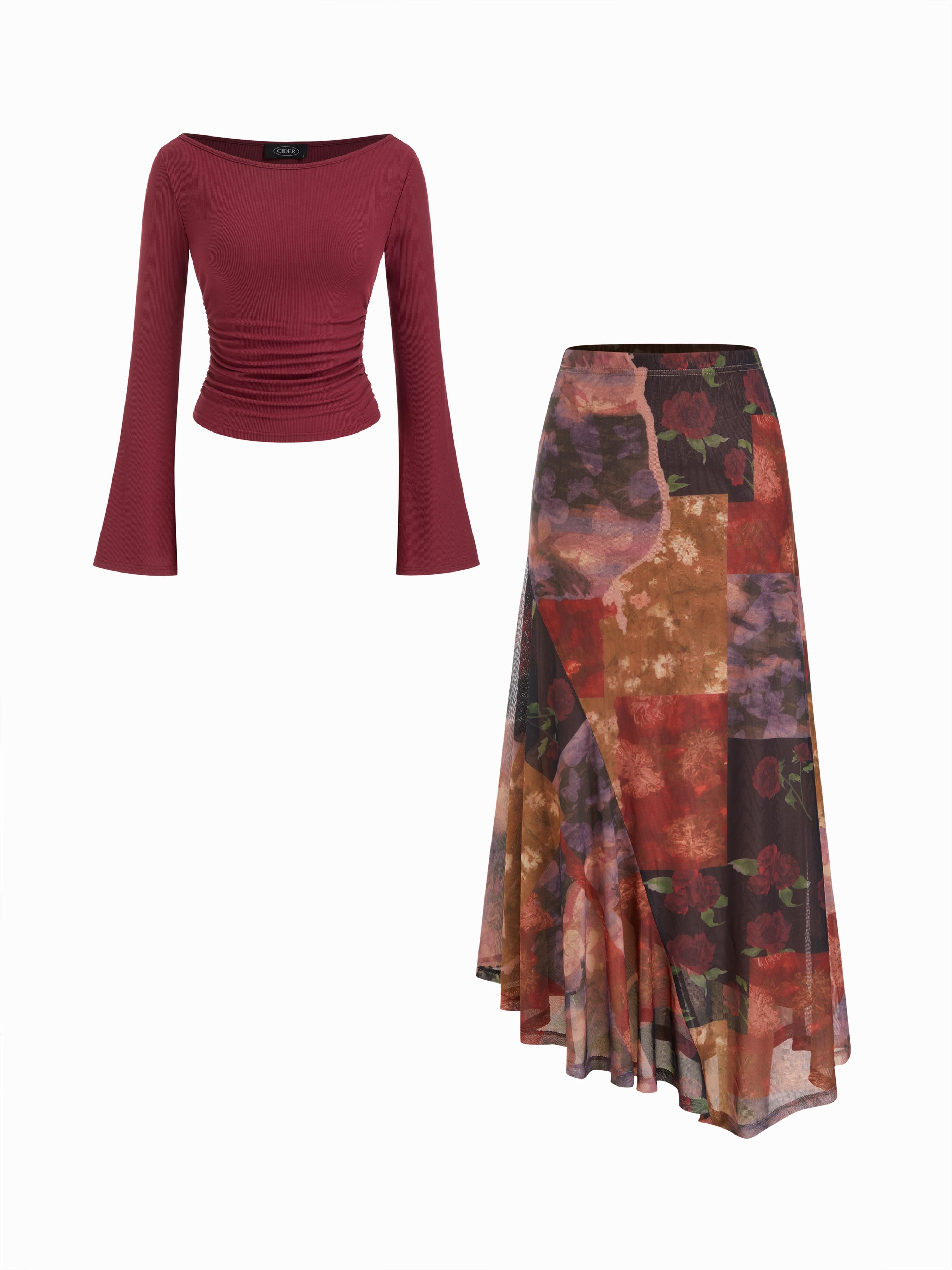 Set aus Glockenärmigen, Rüschenhaltigen Oberteil und Floralem Maxi-Strick-Skirt Mit Asymmetrischer Form Und Mittlerem Bund by CIDER Set aus Glockenärmigen, Rüschenhaltigen Oberteil und Floralem Maxi-Strick-Skirt Mit Asymmetrischer Form Und Mittlerem Bund by CIDER