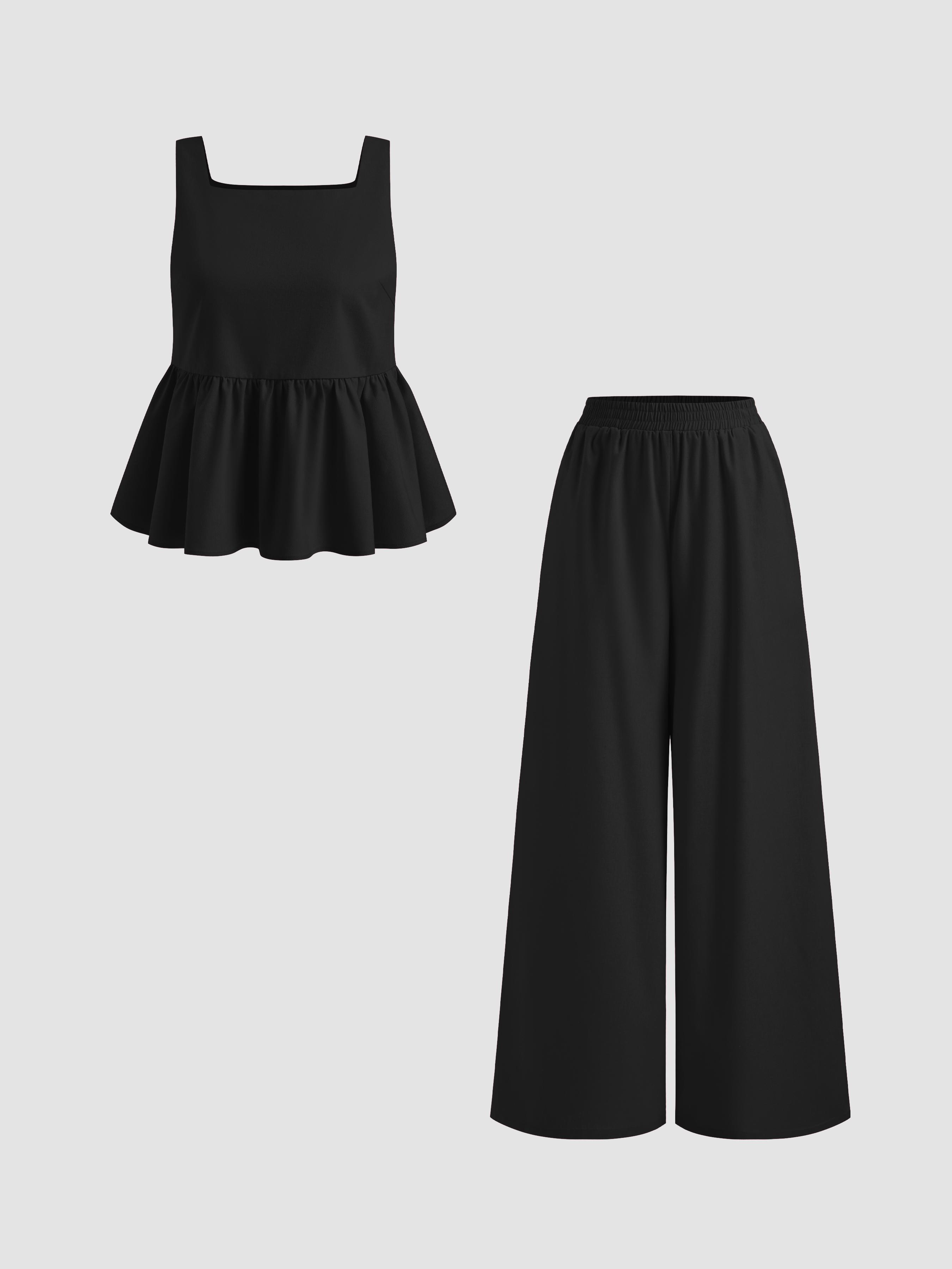 Set aus Leinen-Mischung Tanktop mit quadratischem Halsrand, Übergröße und Spitze und breiten Beinkleidern by CIDER