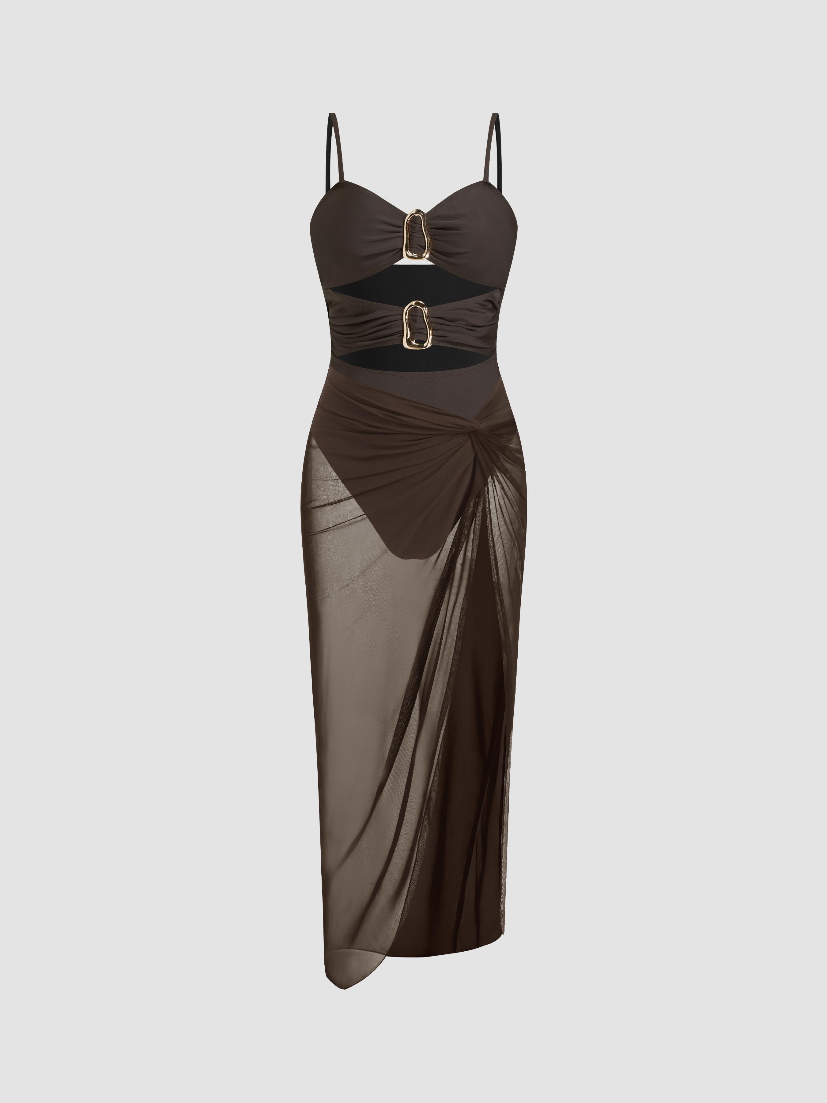 Shaping Sweetheart Cut Out O-ring One Piece Swimsuit With Sarong by CIDER