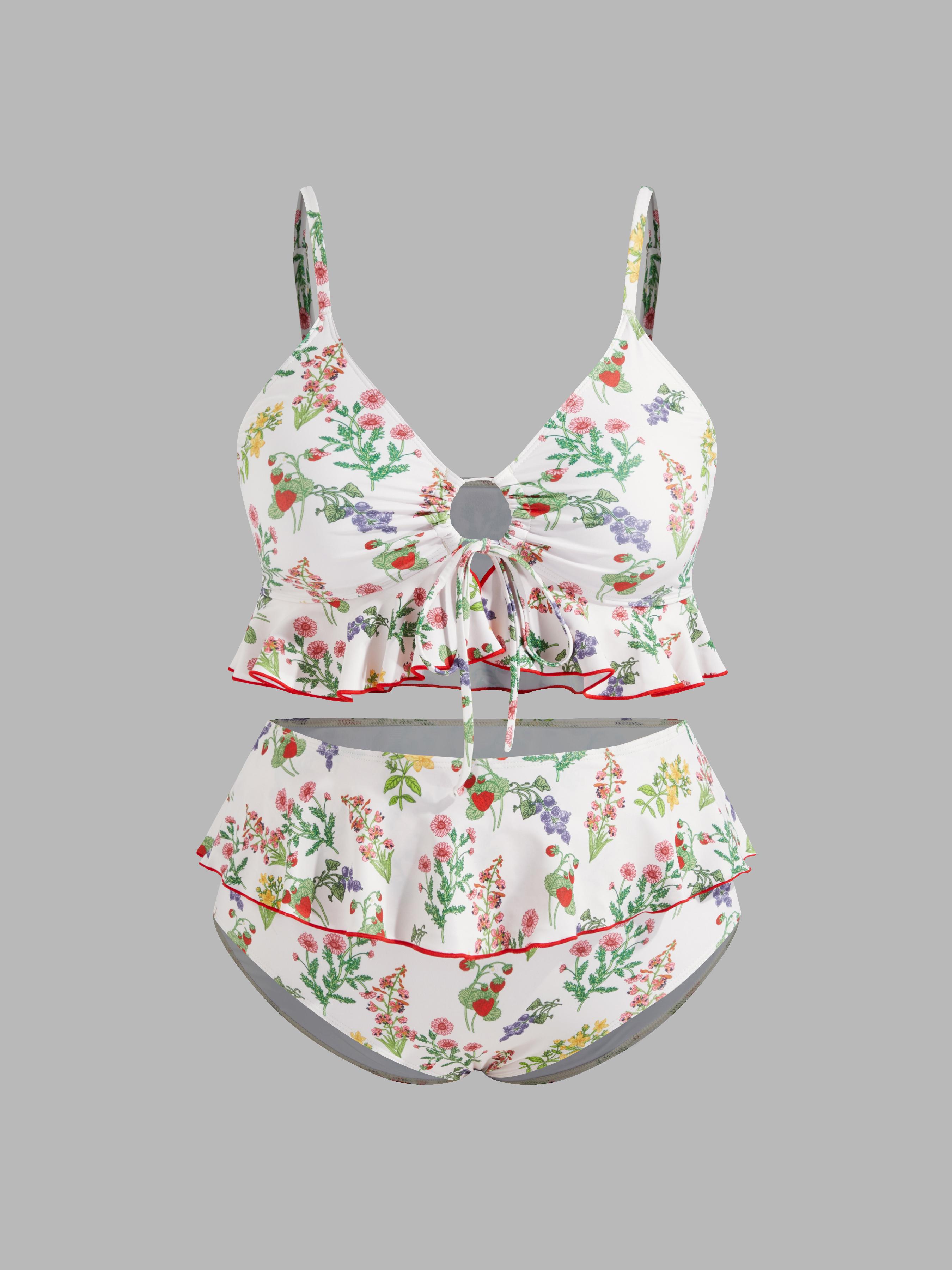 Shaping V-neck Strawberry Graphic Bracelet Full Coverage Bikini Swimsuit Curve & Plus by CIDER