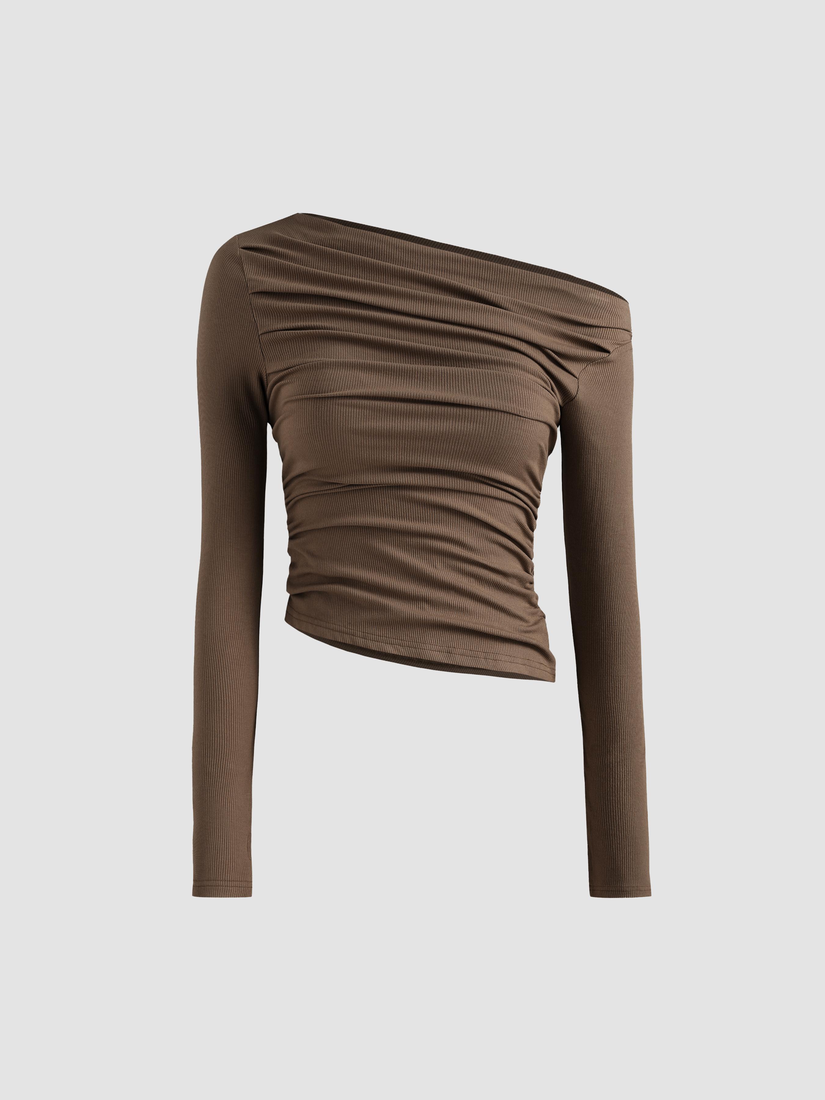 Solid Asymmetrical Neck Long Sleeve Top by CIDER